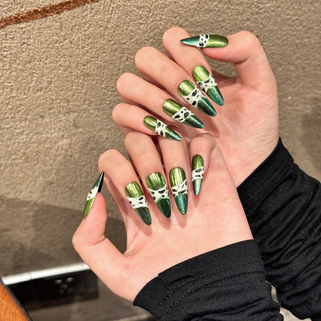 Green Metallic Leopard Print Party Wearable Nail Art Tips