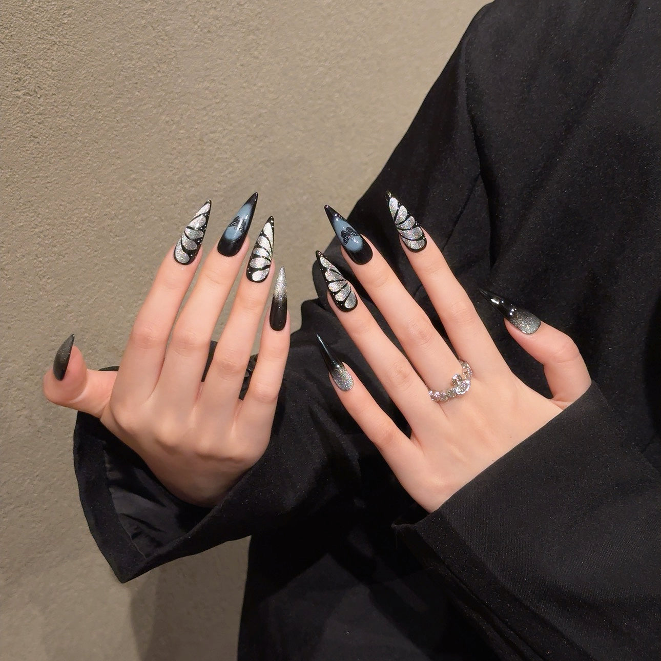 Black and silver dark - style party - ready art with butterfly designs nail