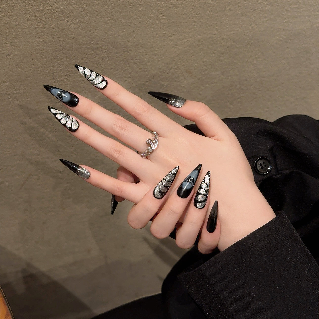 Black and silver dark - style party - ready art with butterfly designs nail