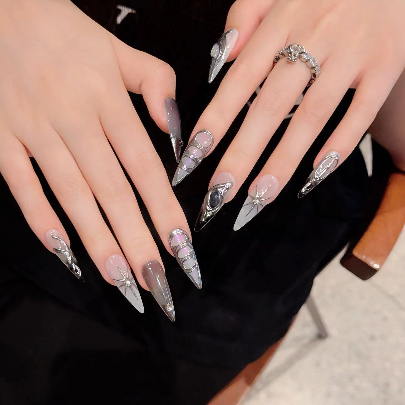 Silver and Gray Mystical Style Fantasy Wearable Nail Art
