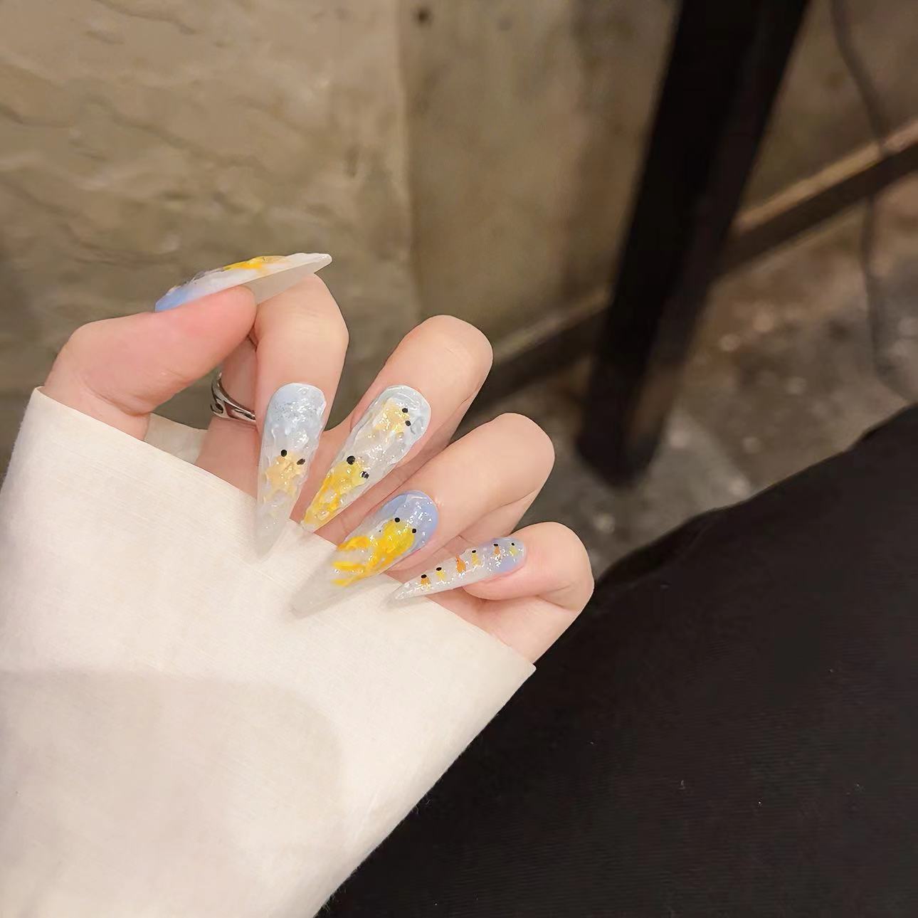 Light Blue and Yellow Color Artistic Style Daily Use Scene Handmade Press - On Nails