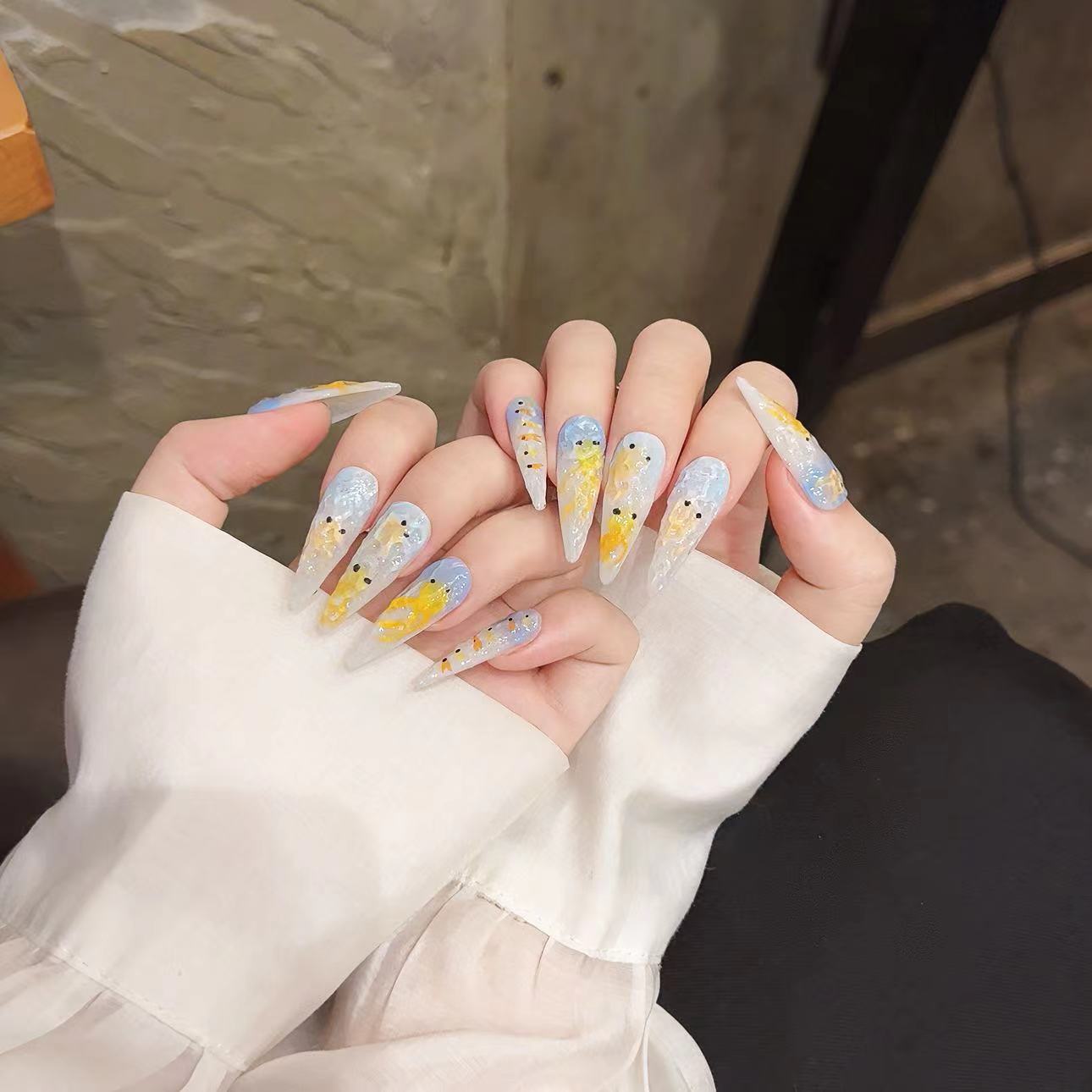 Light Blue and Yellow Color Artistic Style Daily Use Scene Handmade Press - On Nails