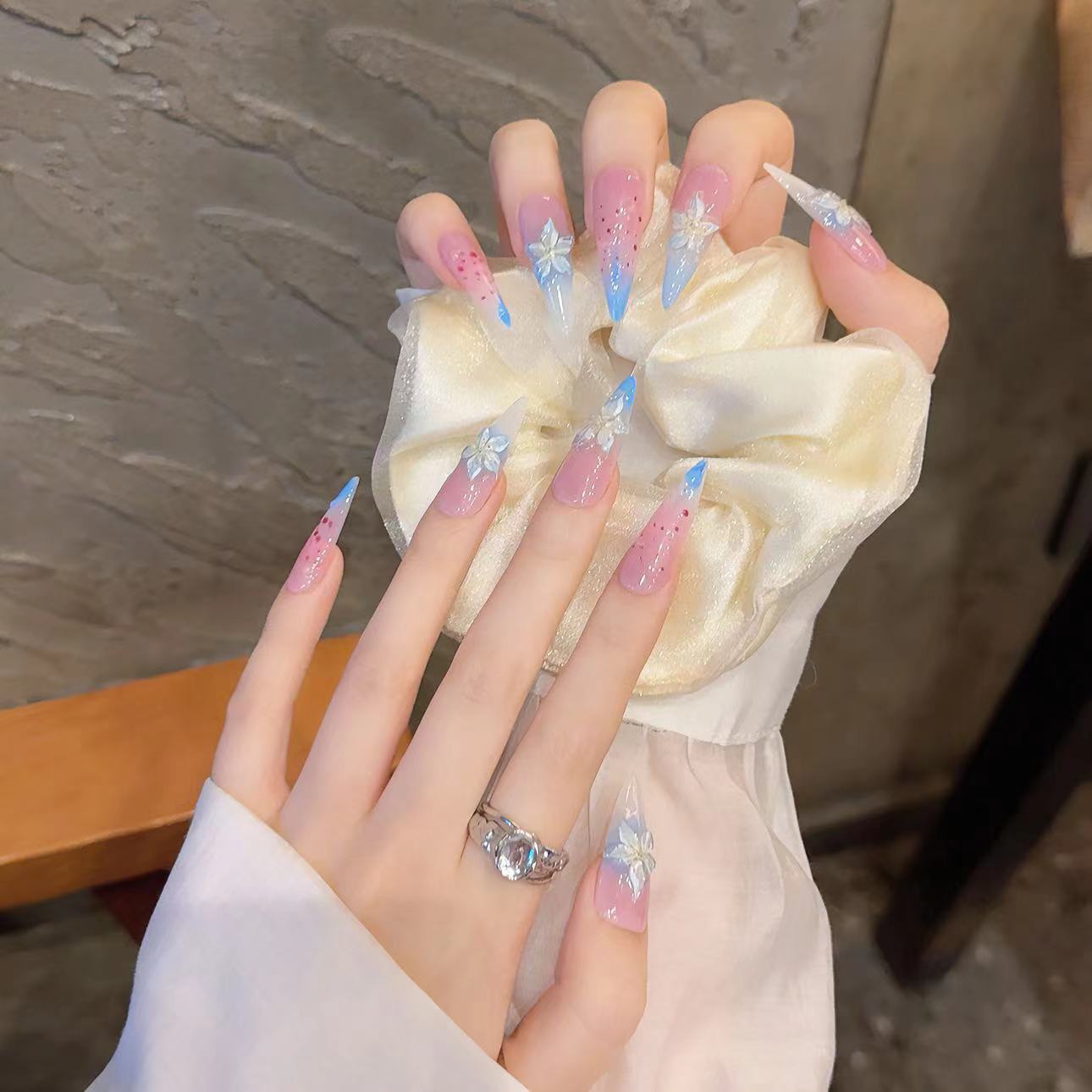 Pink and Blue Gradient Floral Style Daily Wear False Nails