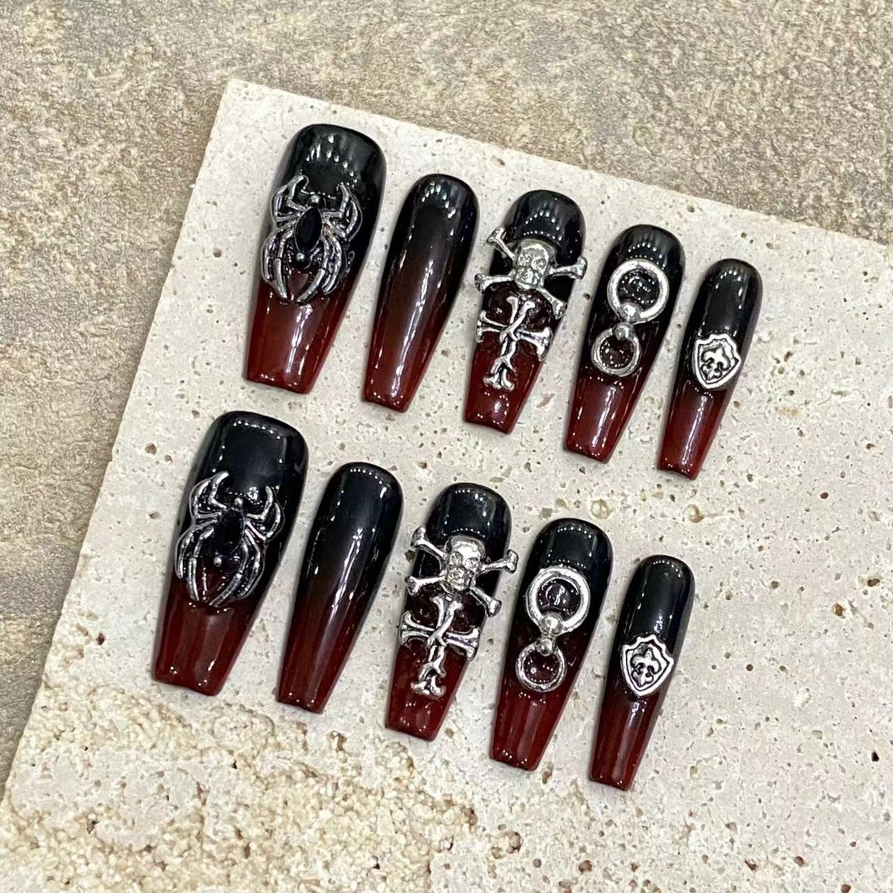 Black and Burgundy Gothic Style Halloween Wearable Nails