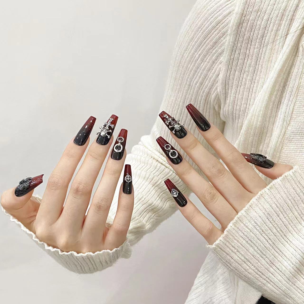 Black and Burgundy Gothic Style Halloween Wearable Nails