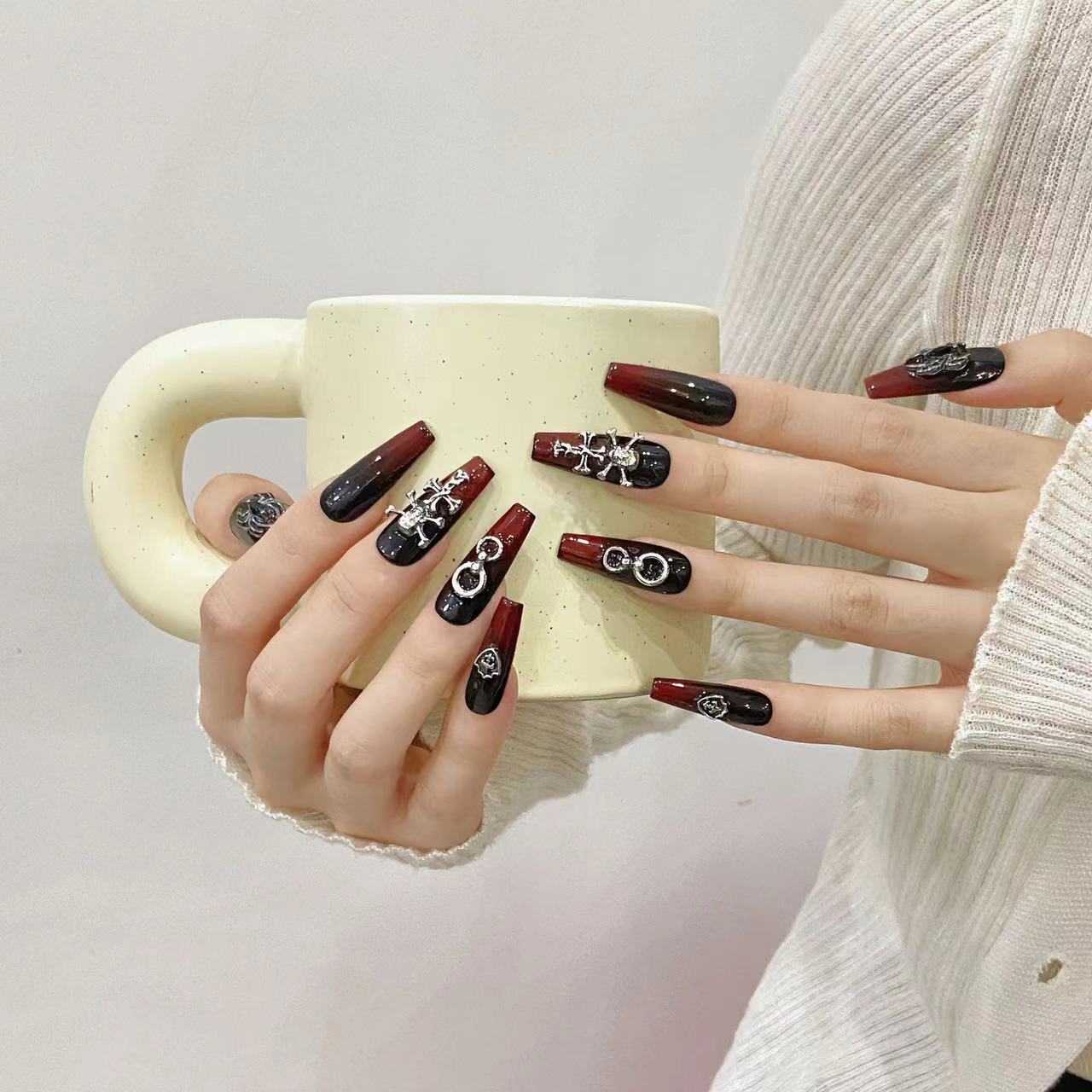 Black and Burgundy Gothic Style Halloween Wearable Nails