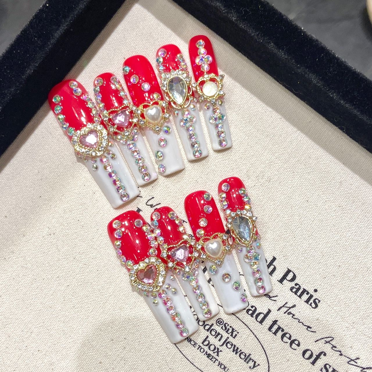 Red and White Color Glamorous Style Party Scene Press - on Nails