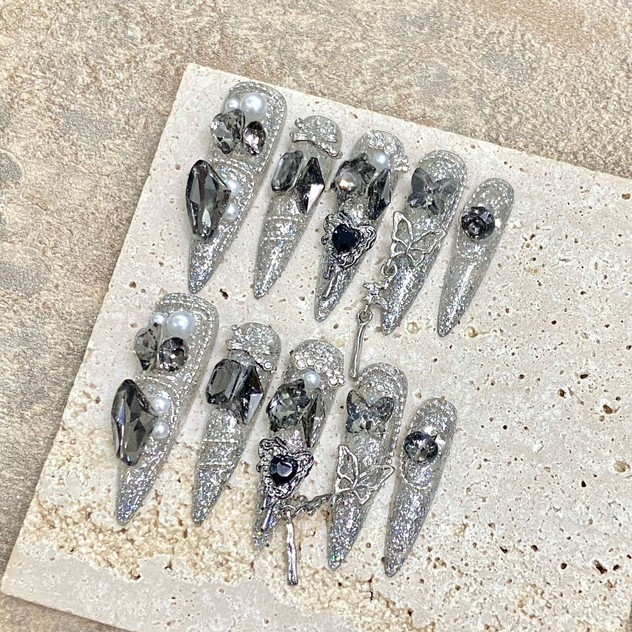 Silver - gray Gothic Style Party Wearable Nail Art Tips