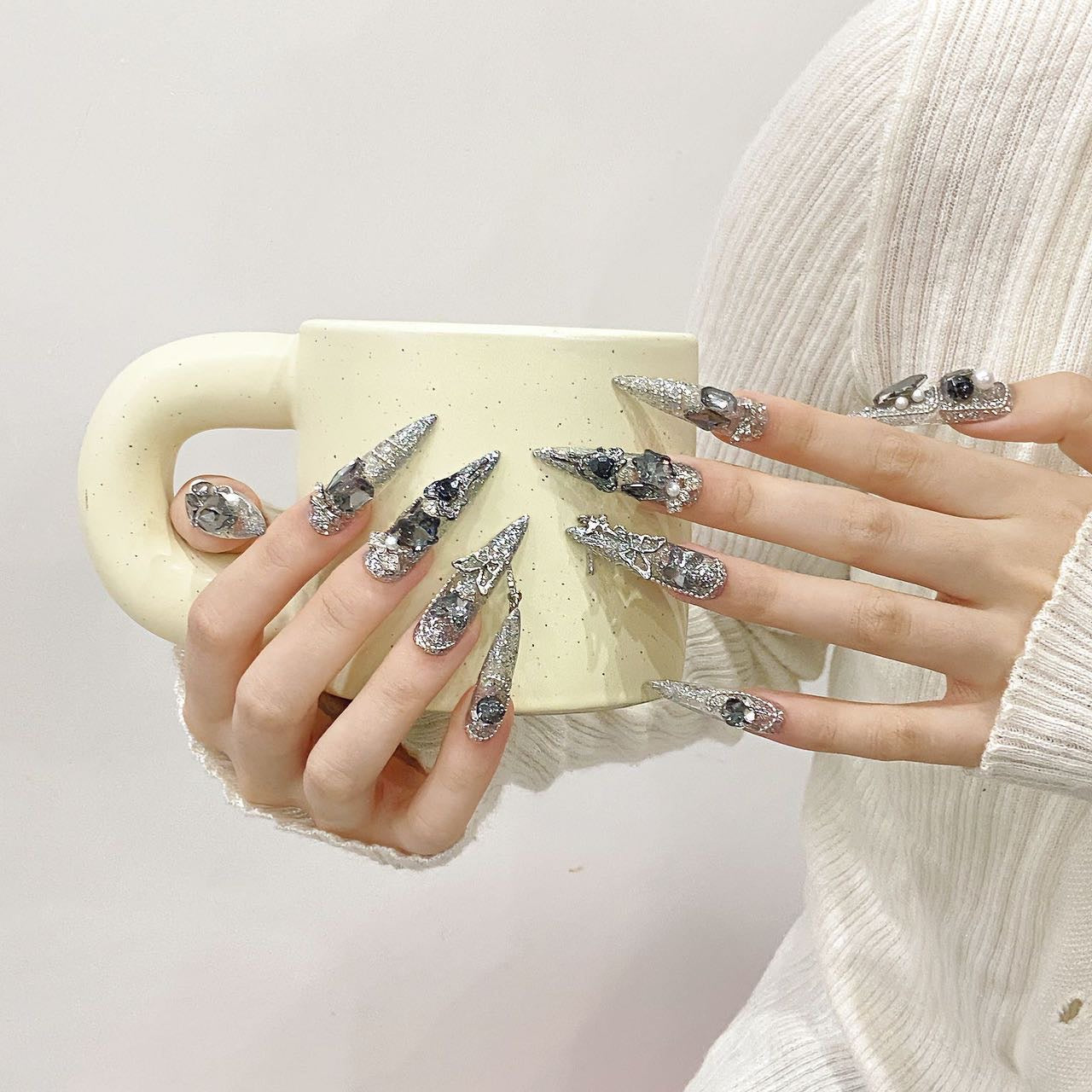 Silver - gray Gothic Style Party Wearable Nail Art Tips
