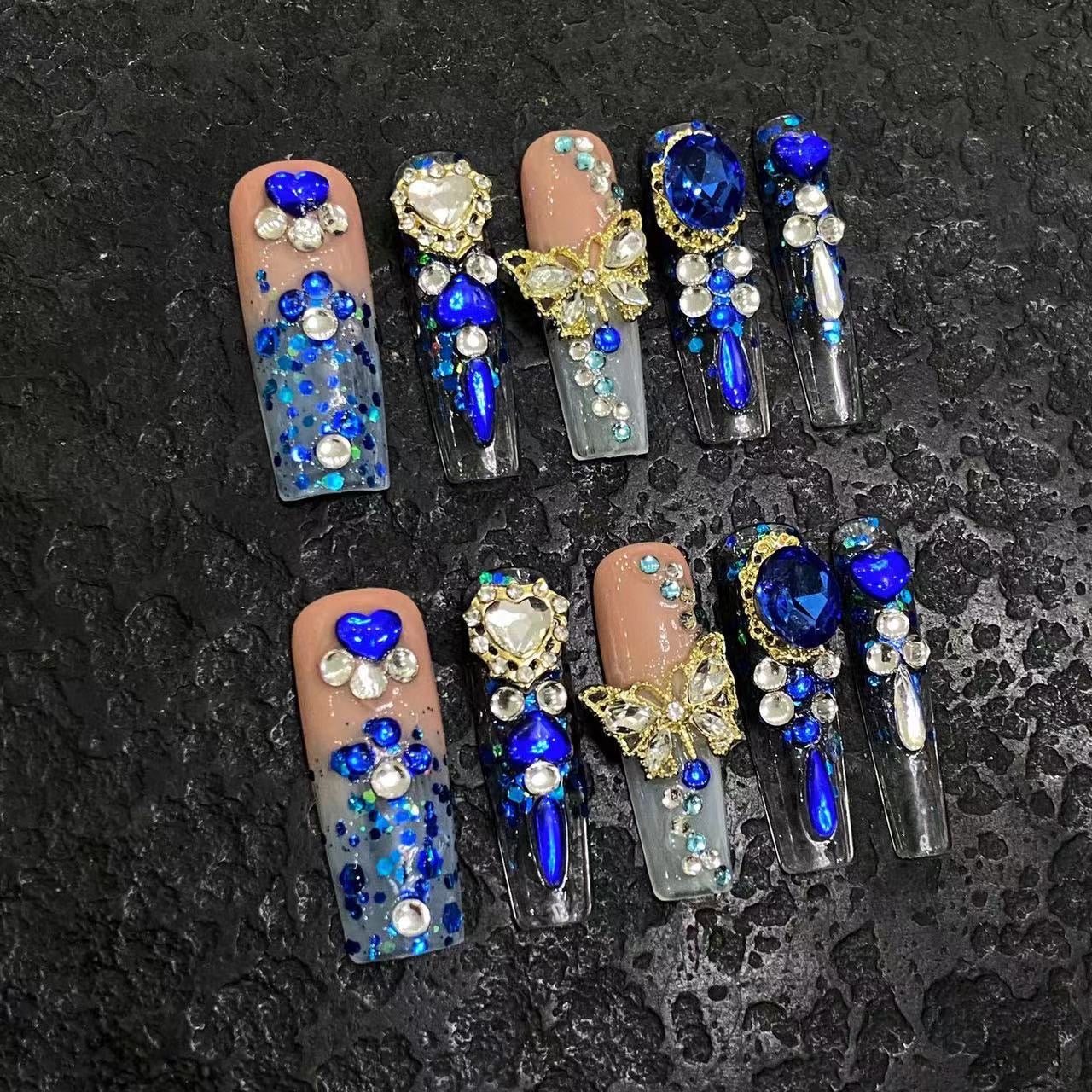 Blue and Nude Color Elegant and Glamorous Party Wearable Nail Art Tips