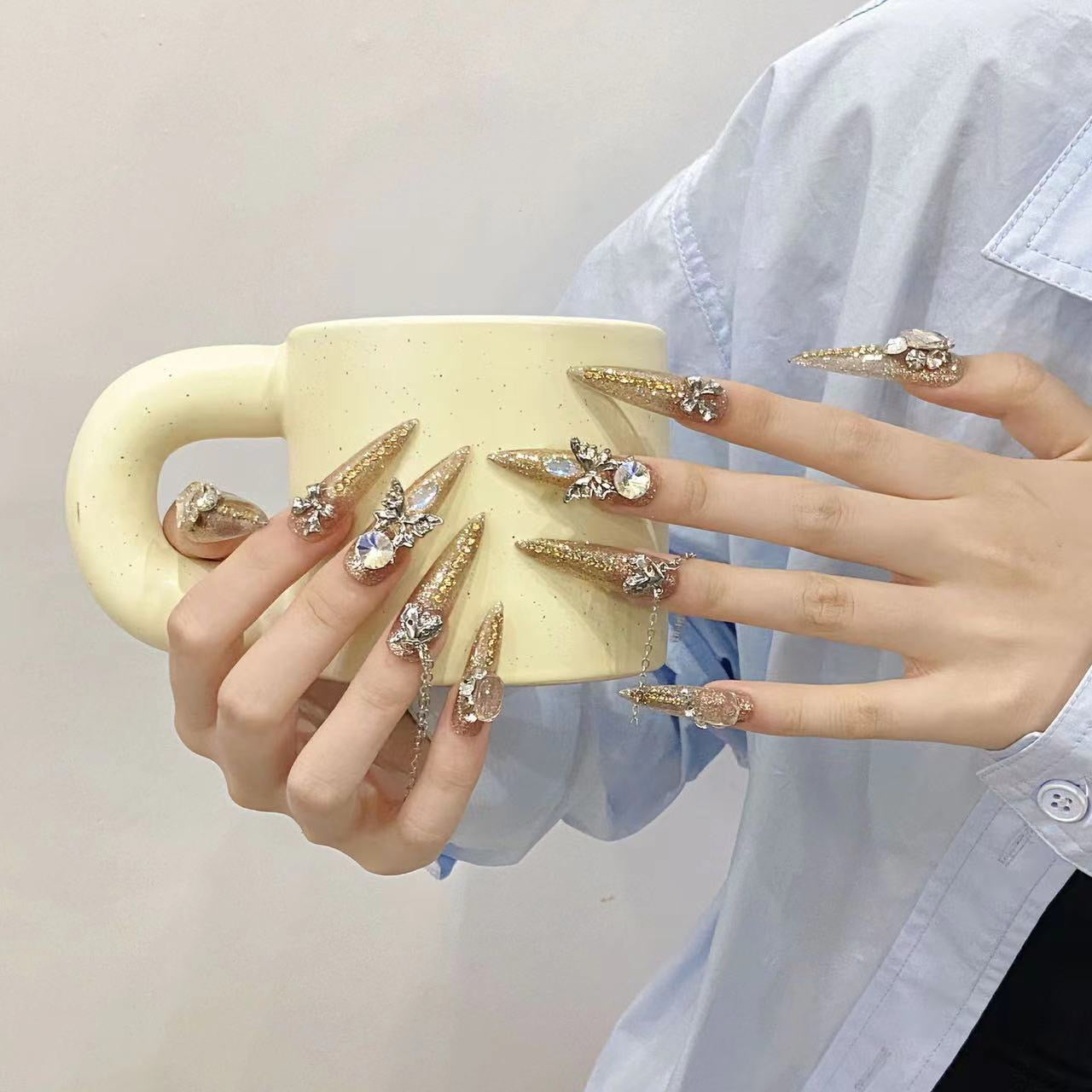 Golden  Silver Glamorous Party Wearable Nail Art