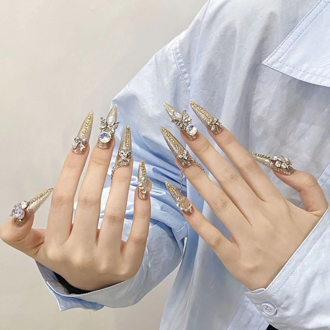 Golden  Silver Glamorous Party Wearable Nail Art