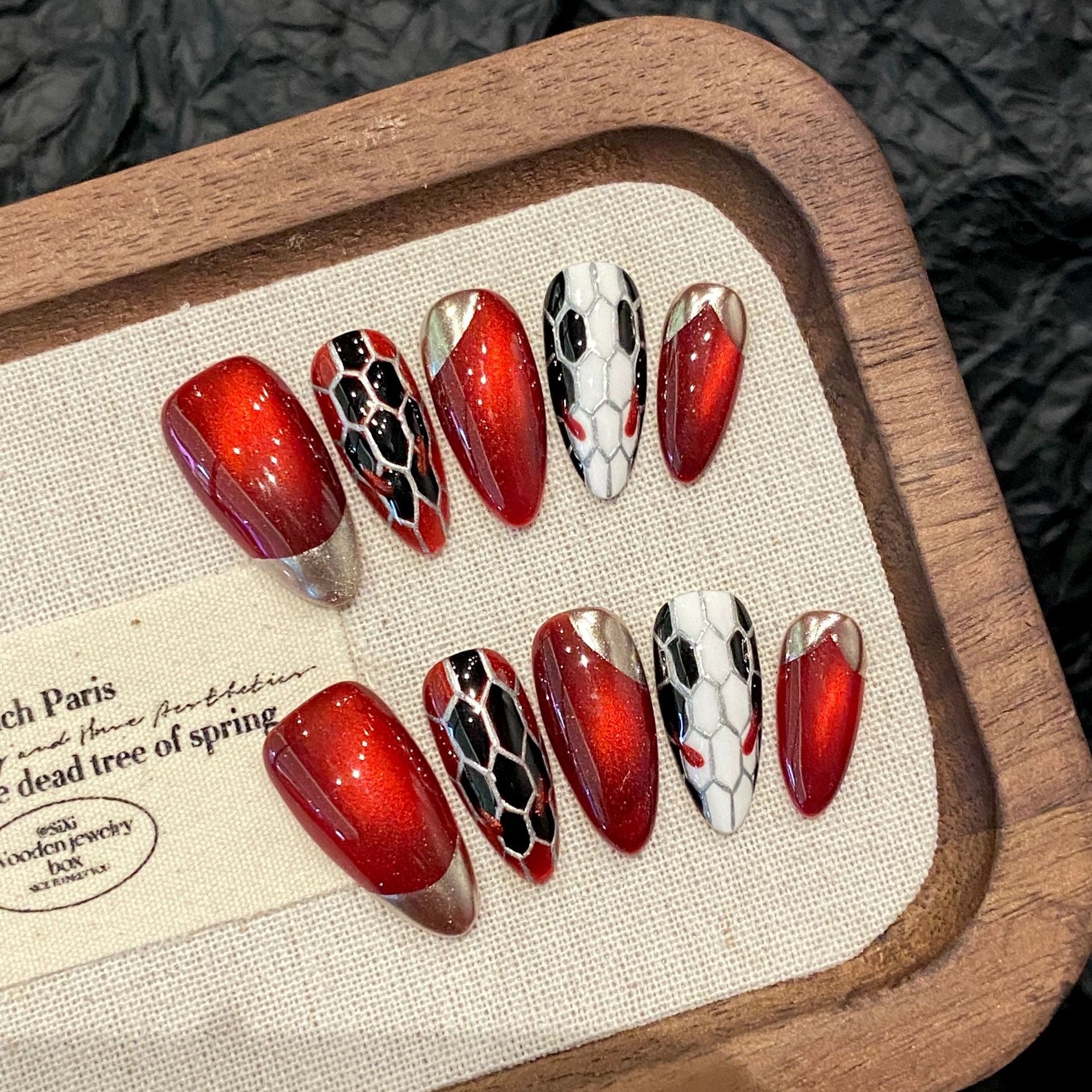 Red with Black and White Patterns Fashionable Suitable for Party Wearable Nail Art
