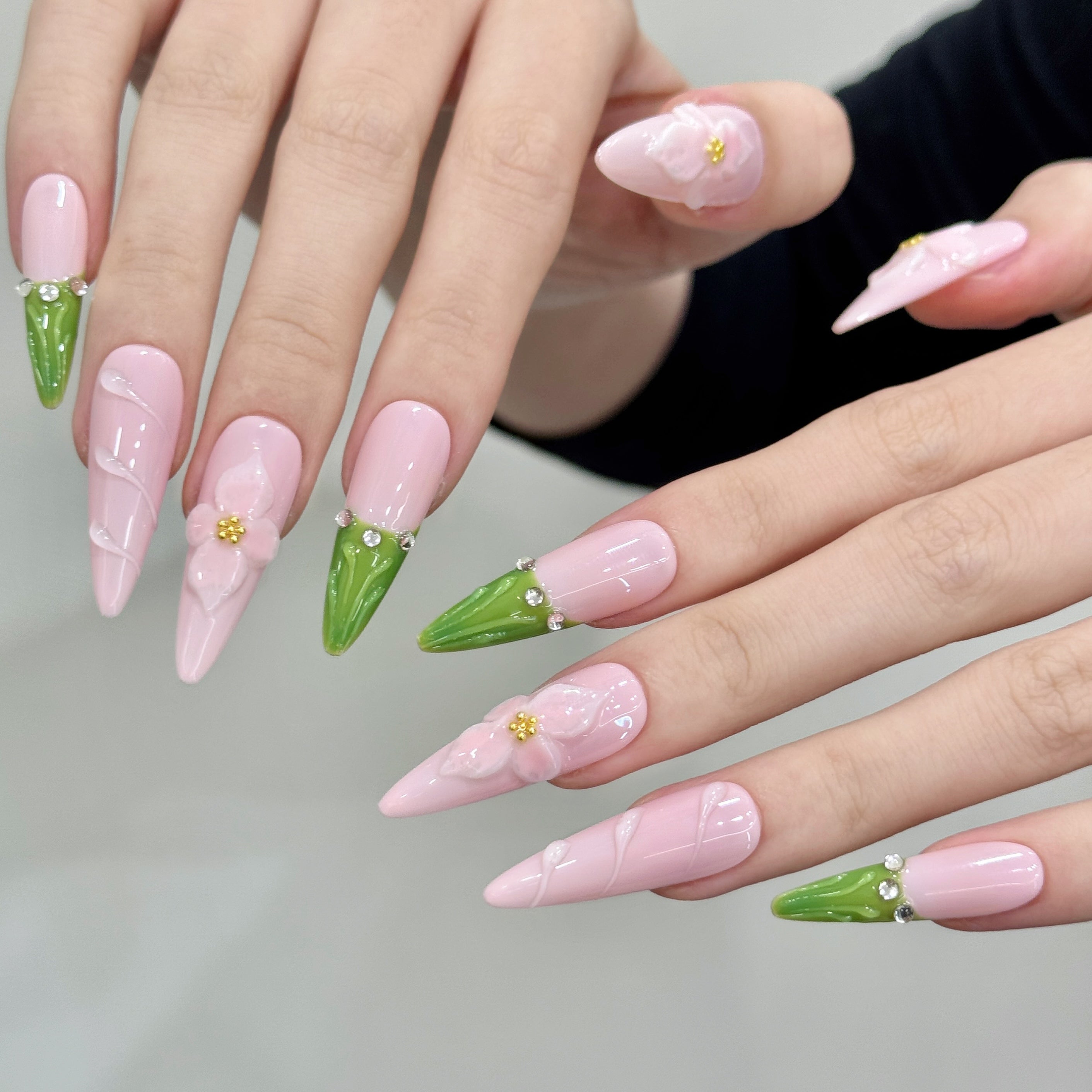 Pastel Pink Floral Style Daily Wear False Nails