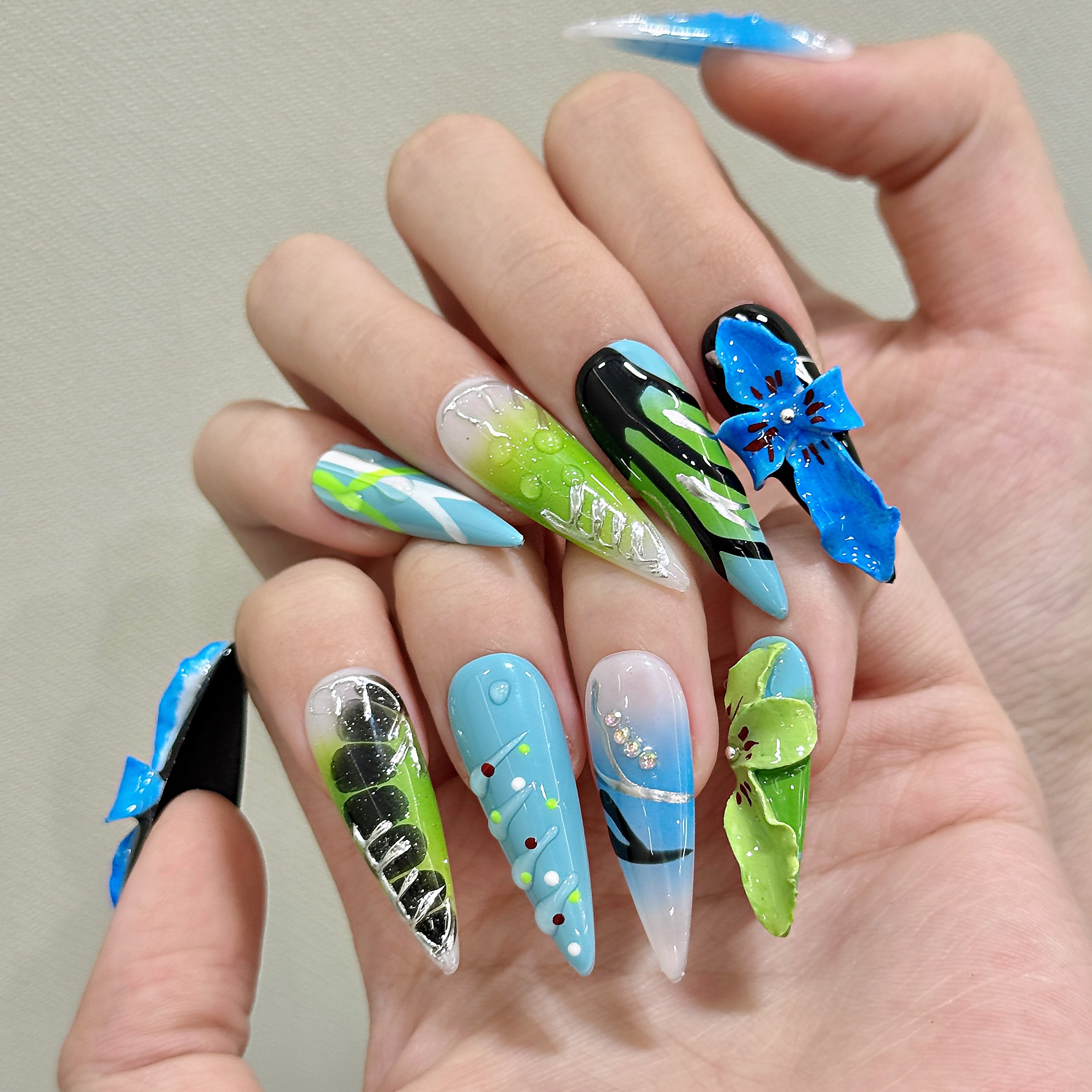 Blue Green Color Floral Style Spring Use Scene Wearable Nail Art
