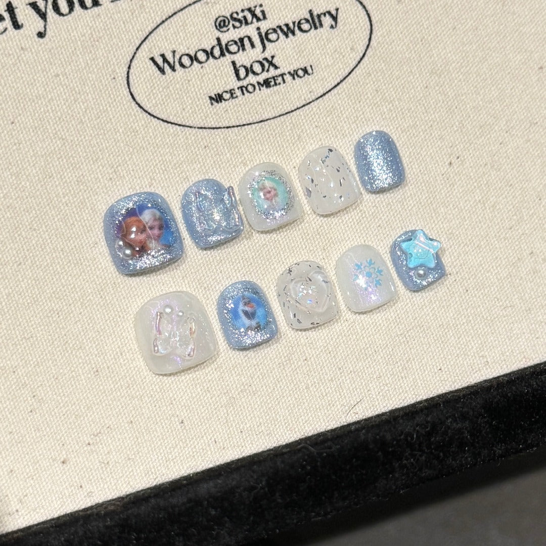 Light blue and white sweet style daily wear false nails Children's nails