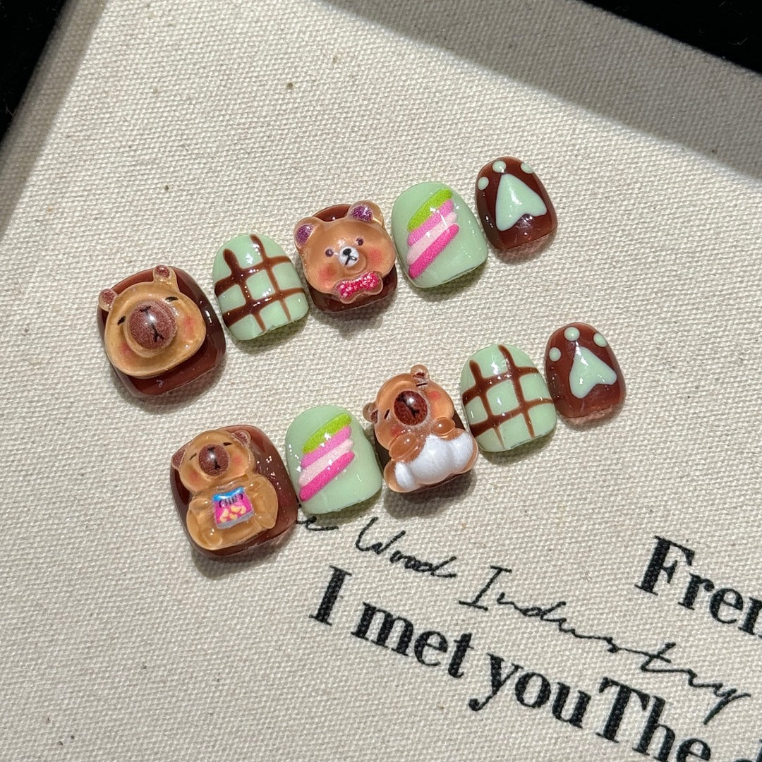 Brown and Green Cute Style Daily Wearable Press-On Nails Children's nails