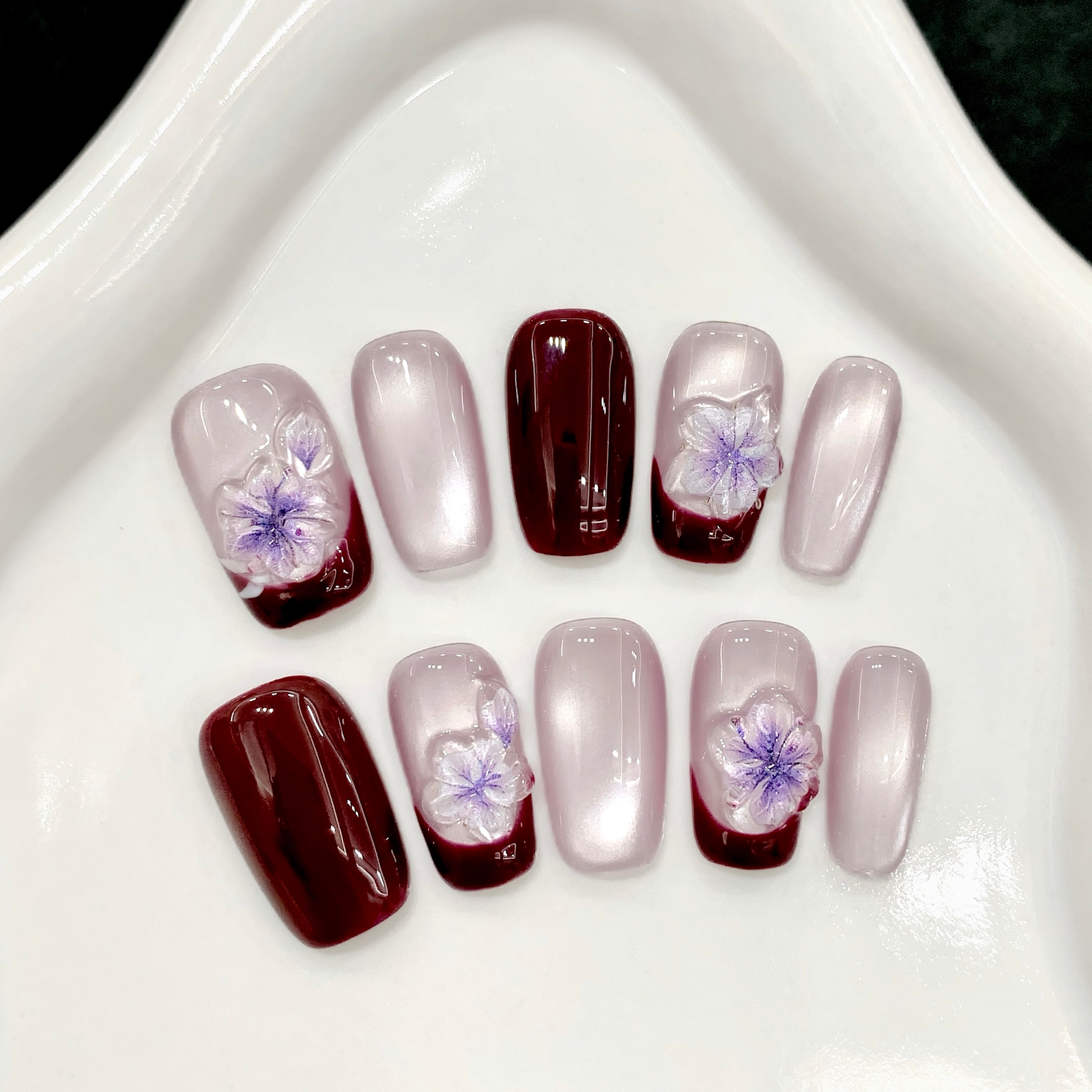 Burgundy and Purple Sweet and Elegant Daily Wearable False Nails