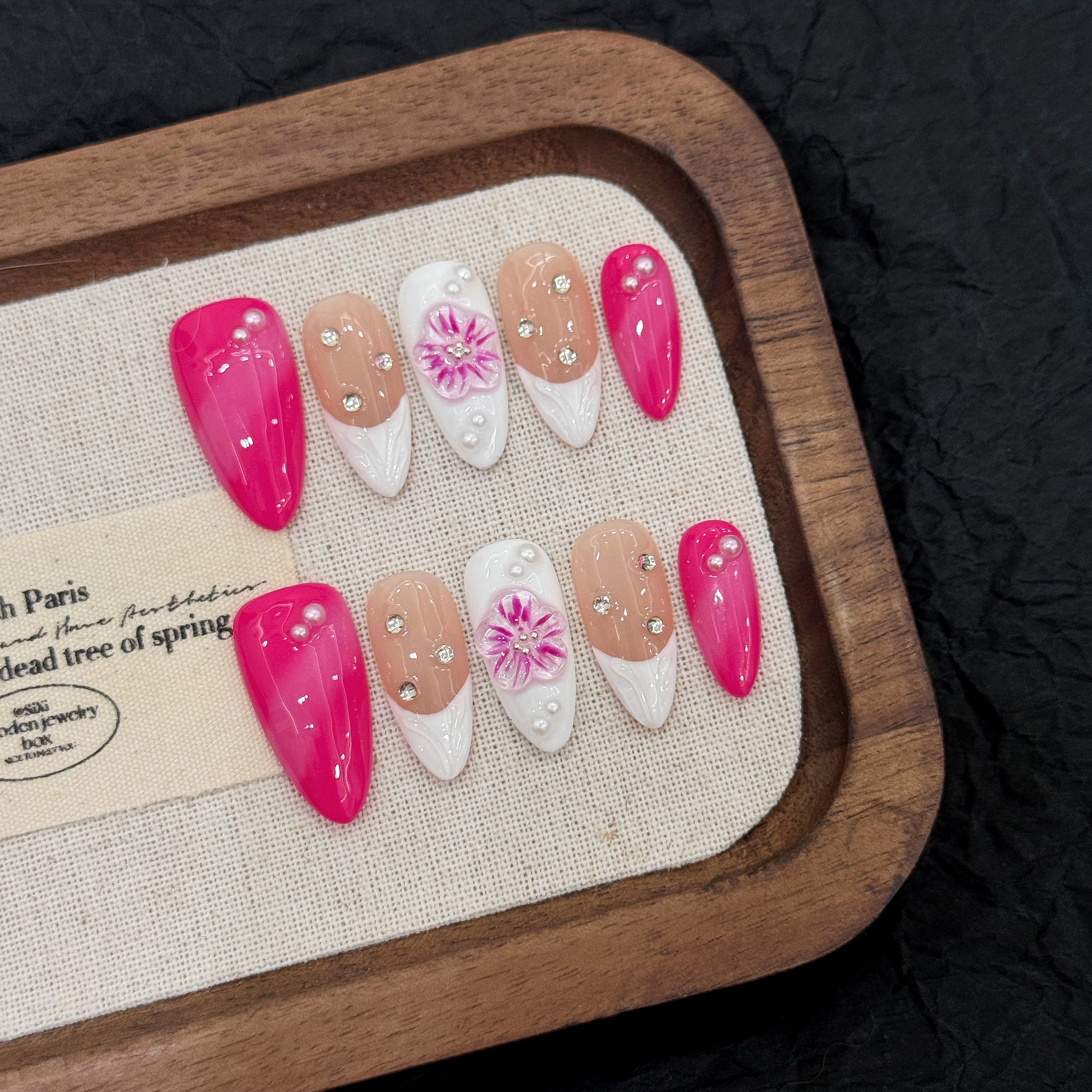 Pink-White-Nude Color French Elegant Floral Wearable Nails for Daily and Party
