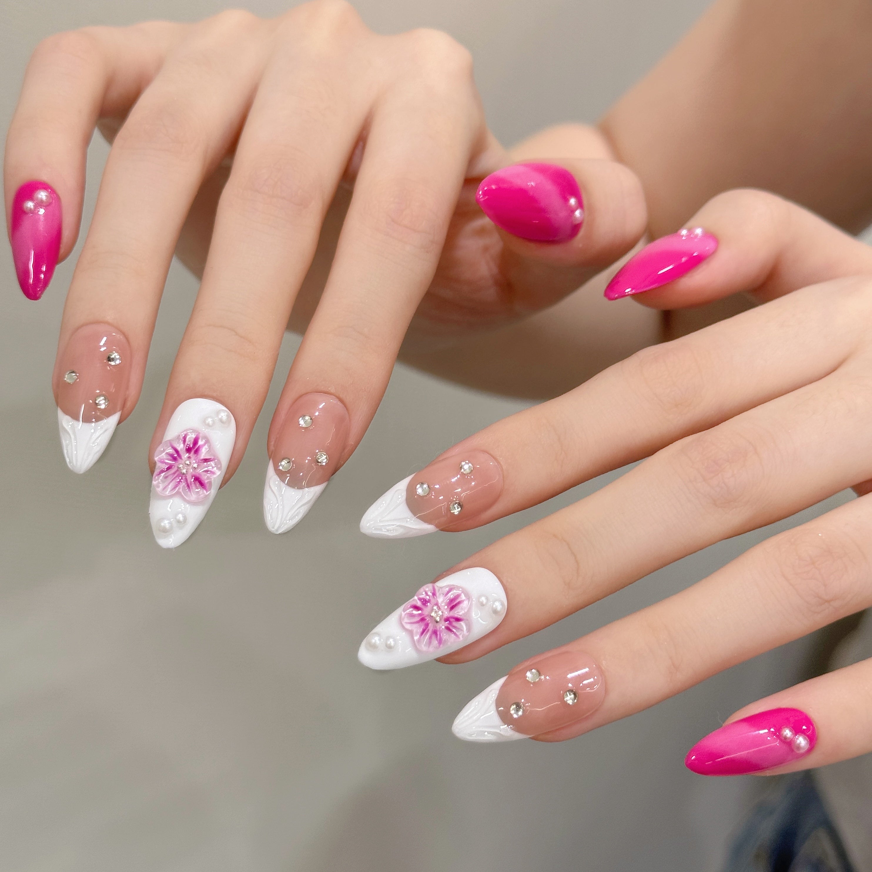 Pink-White-Nude Color French Elegant Floral Wearable Nails for Daily and Party