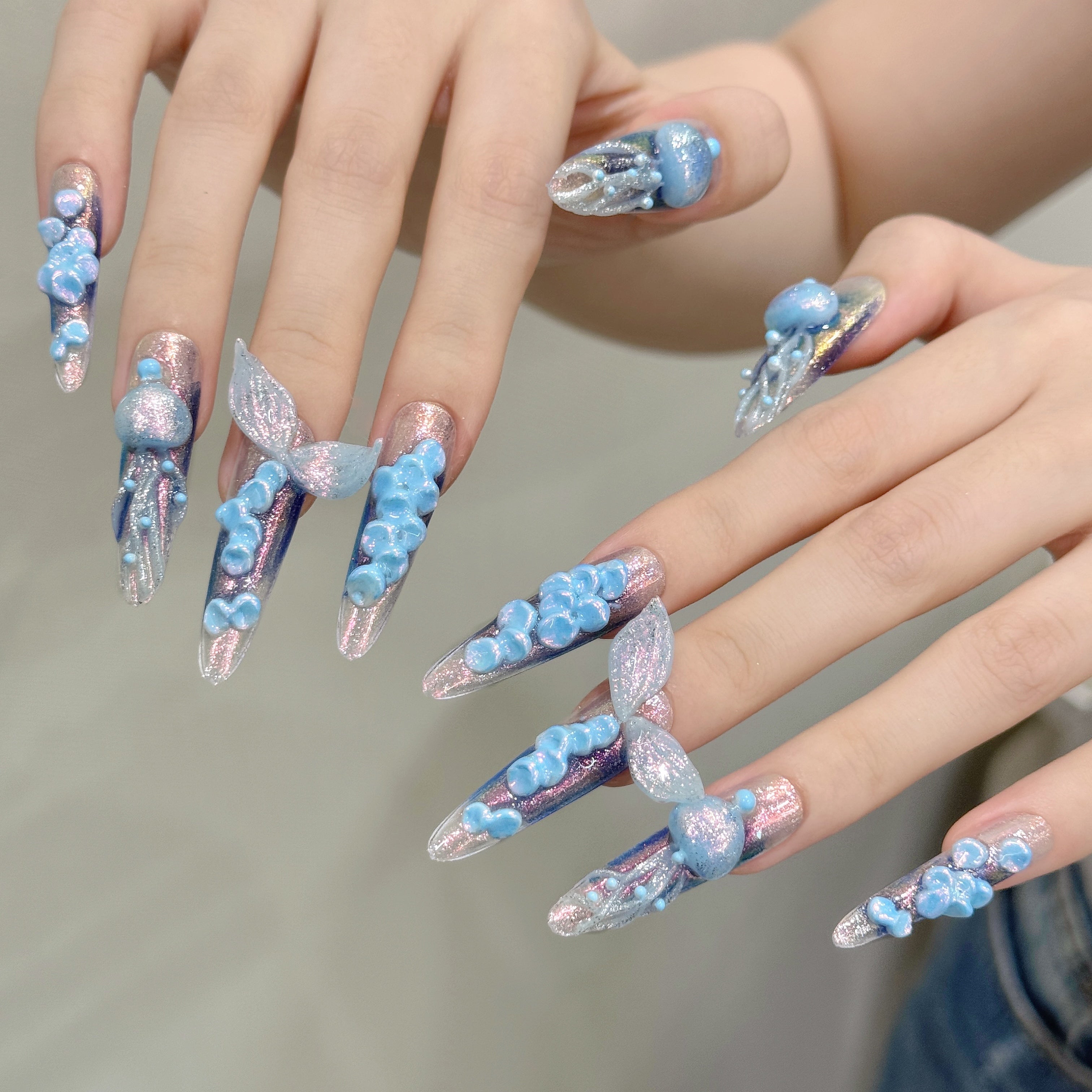 Blue Fantasy Mermaid Tail Wearable Nail Art for Beach Parties and Summer Events