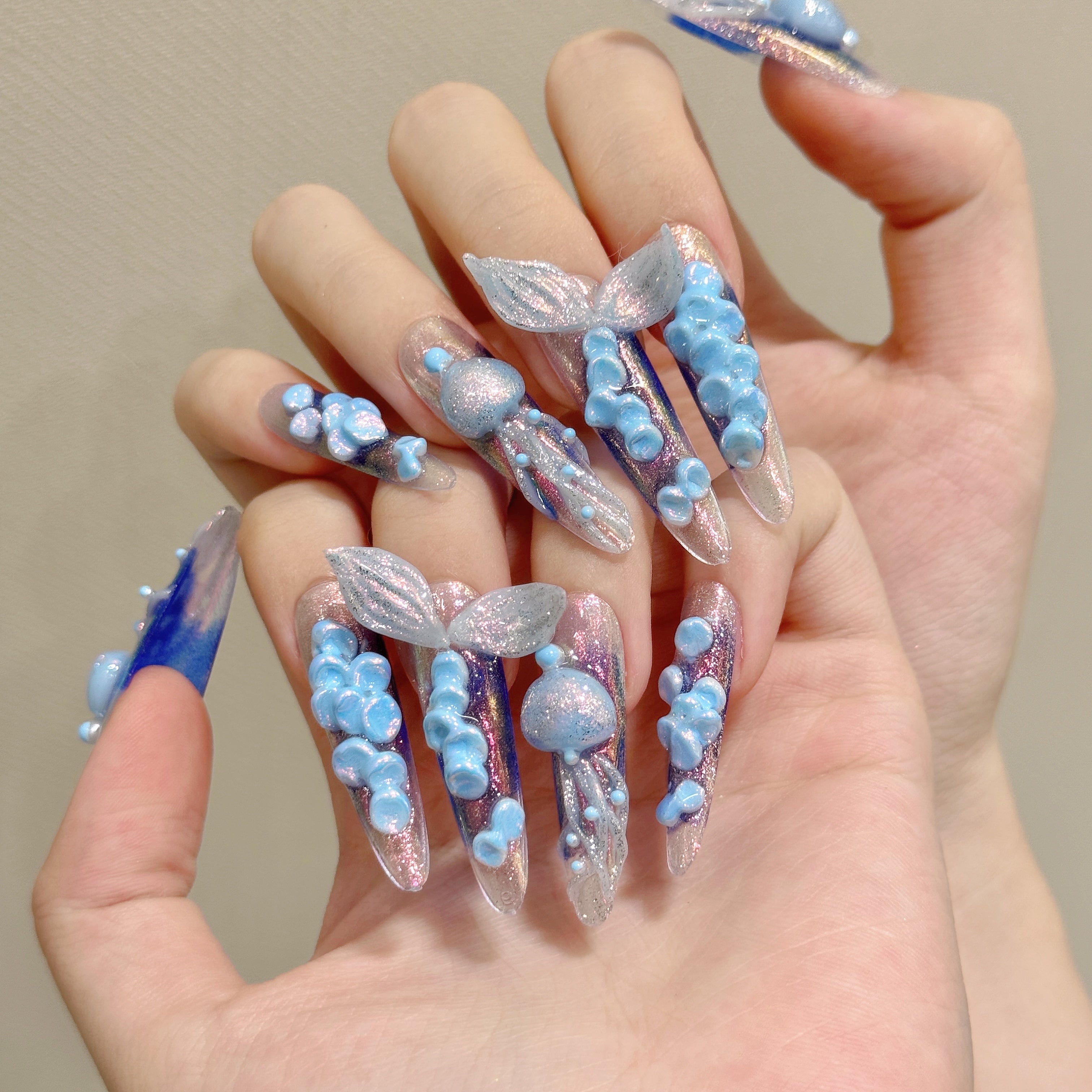 Blue Fantasy Mermaid Tail Wearable Nail Art for Beach Parties and Summer Events