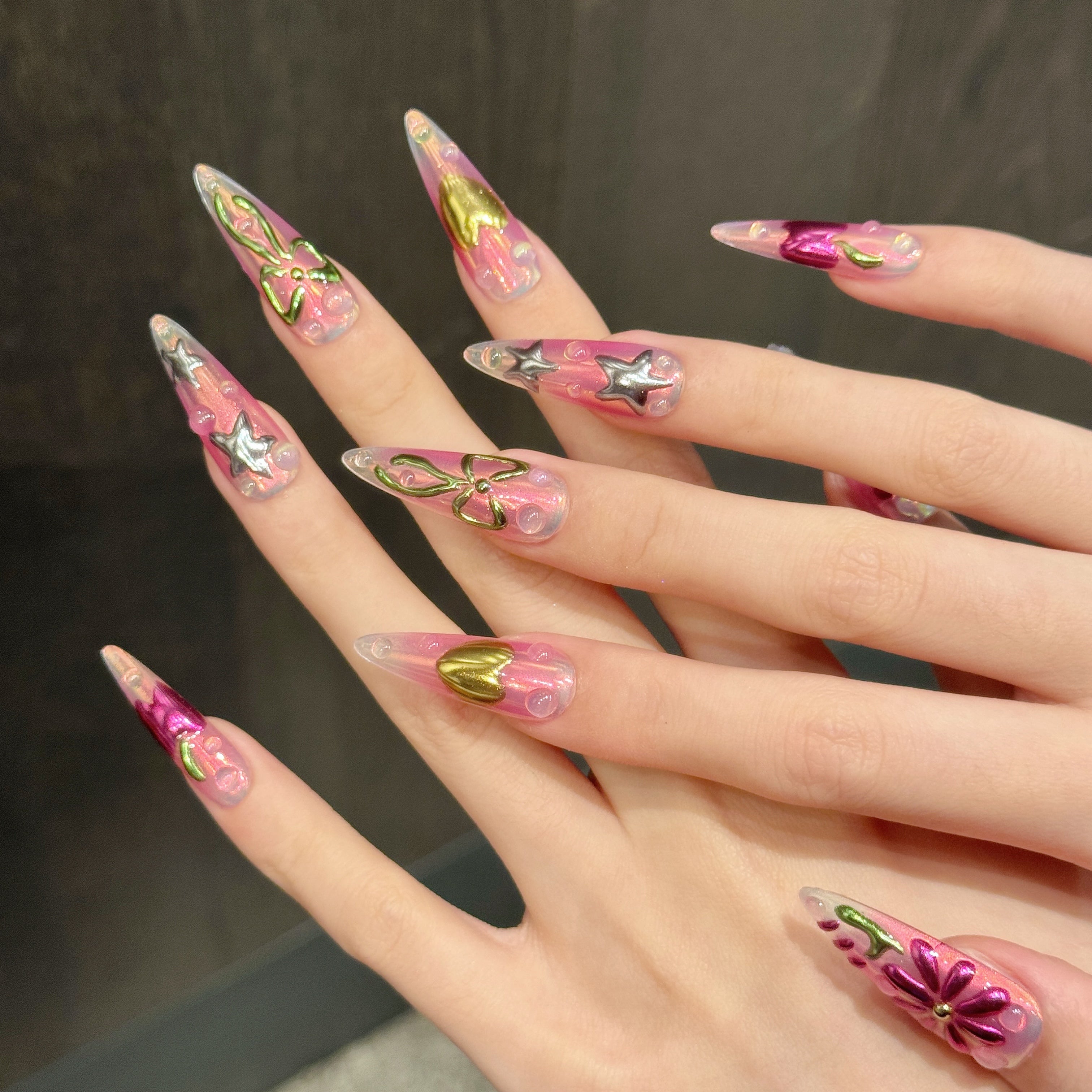 Pink - Green Color, Cute & Sweet Style, Suitable for Daily Wear & Parties, 3D Decorated Press - On Nails