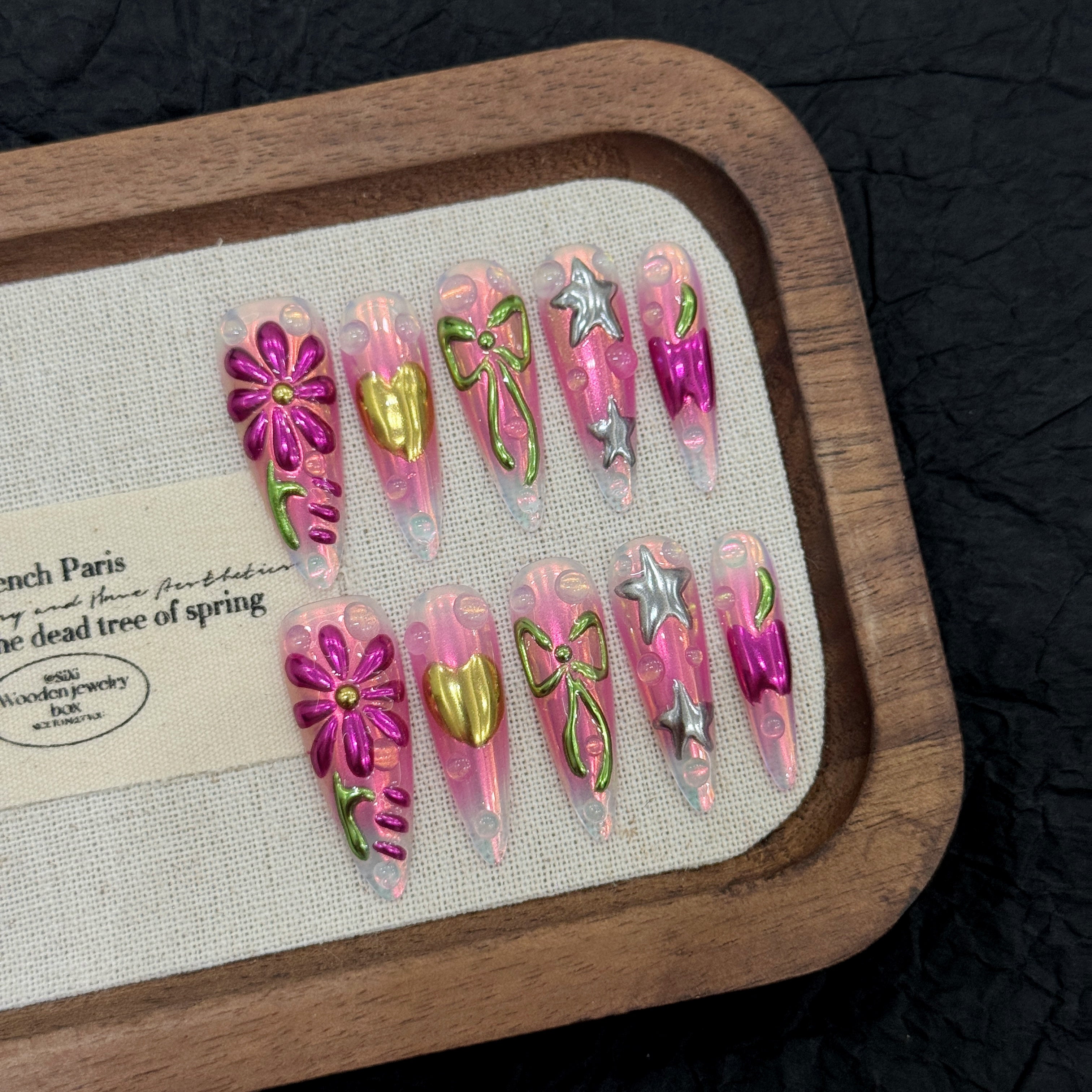 Pink - Green Color, Cute & Sweet Style, Suitable for Daily Wear & Parties, 3D Decorated Press - On Nails