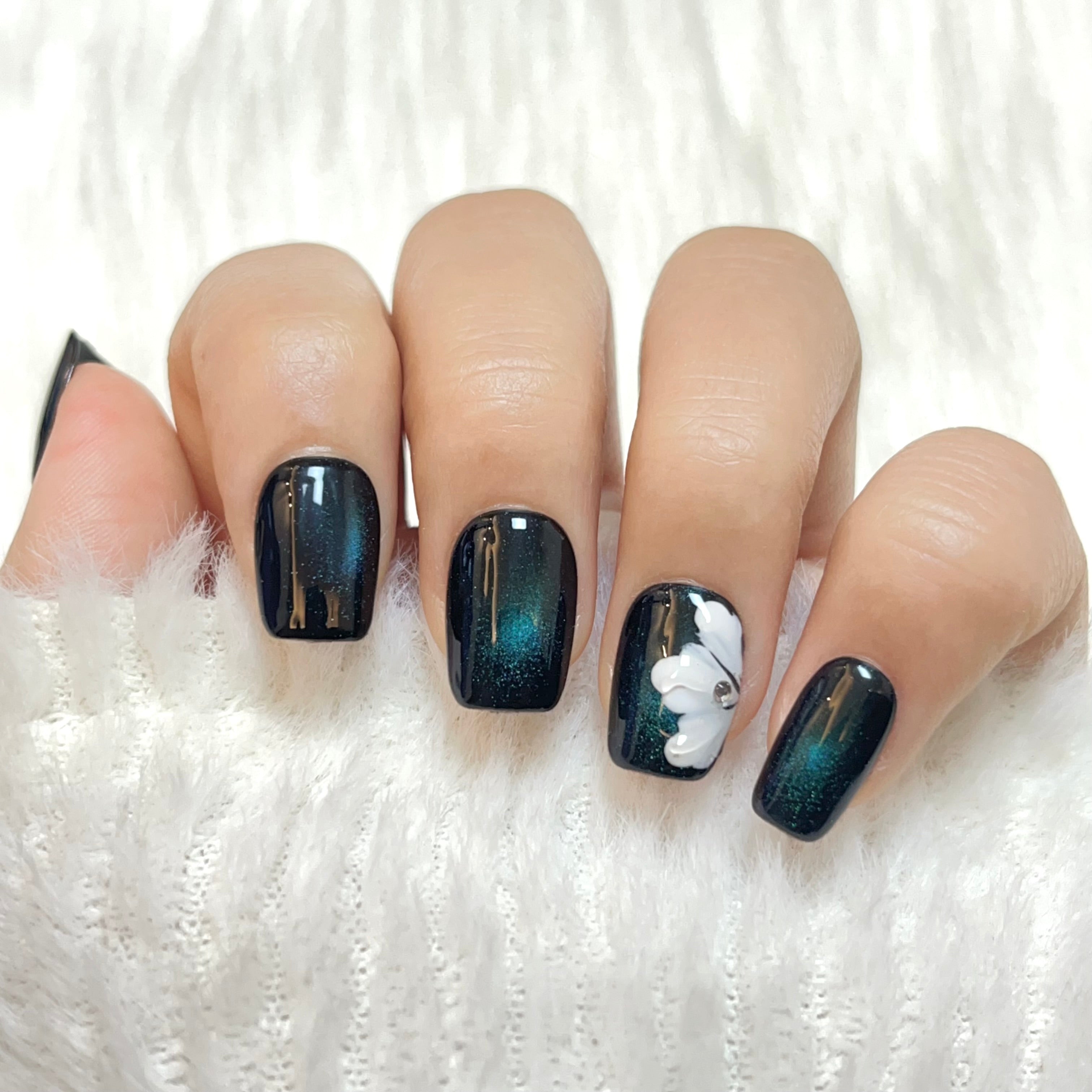 Dark Green with White Floral Elegant Party Wearable Nail Art