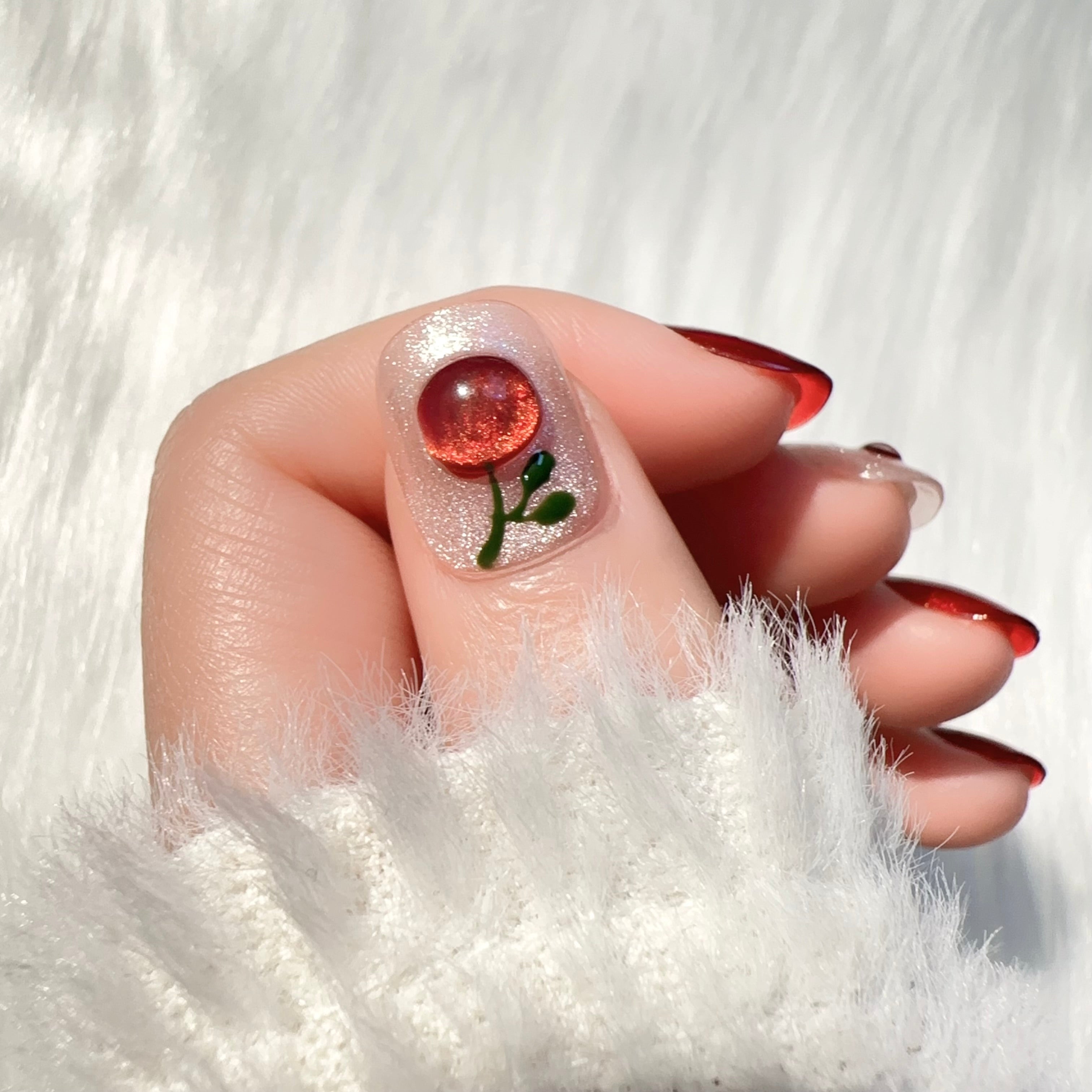 Red and silver sweet daily wear cherry - themed press - on nails.