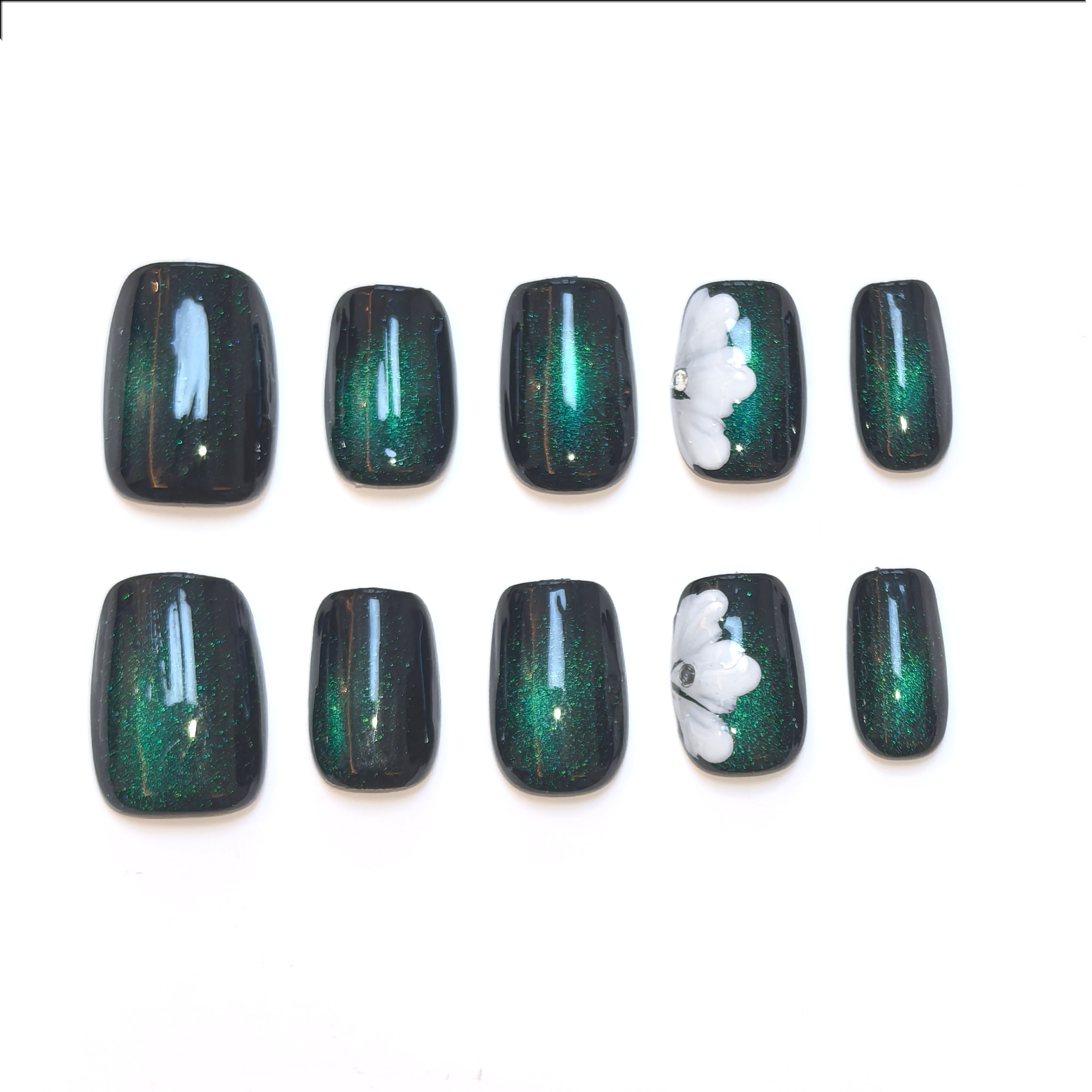 Dark Green with White Floral Elegant Party Wearable Nail Art