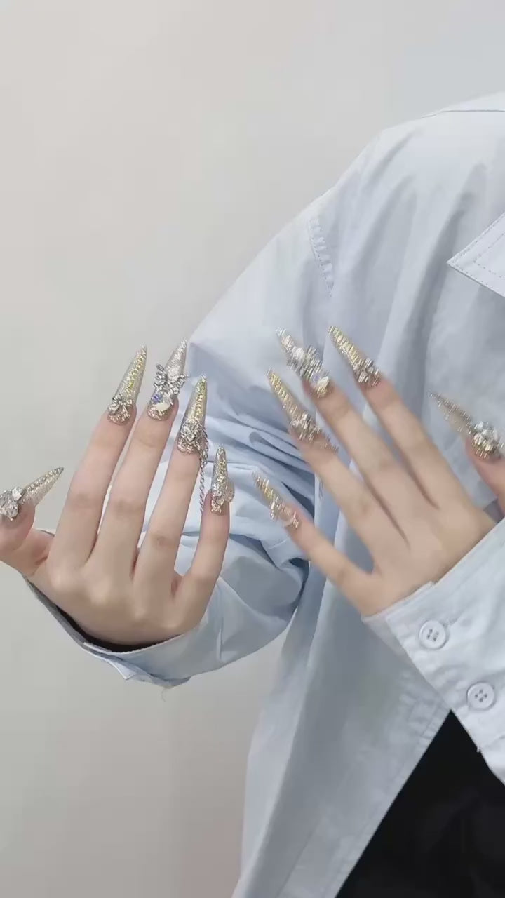 Golden  Silver Glamorous Party Wearable Nail Art