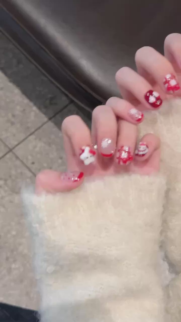 Red and Pink Color, Cute Style, Winter and Christmas Scene, Hello Kitty Decorated Press - on Nails