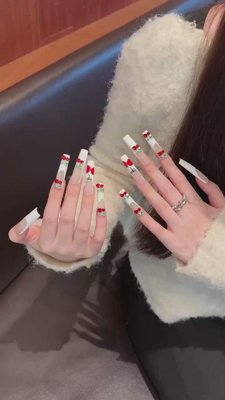 White and nude color cute cherry style daily wear press - on nails