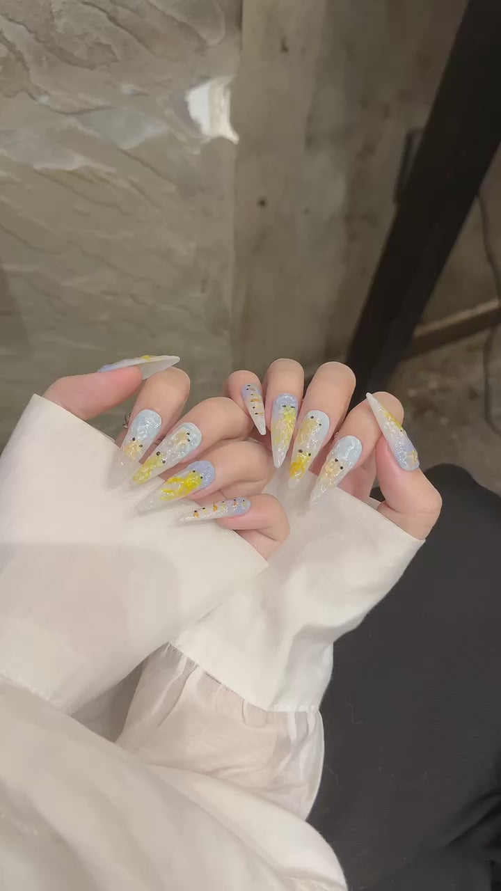 Light Blue and Yellow Color Artistic Style Daily Use Scene Handmade Press - On Nails