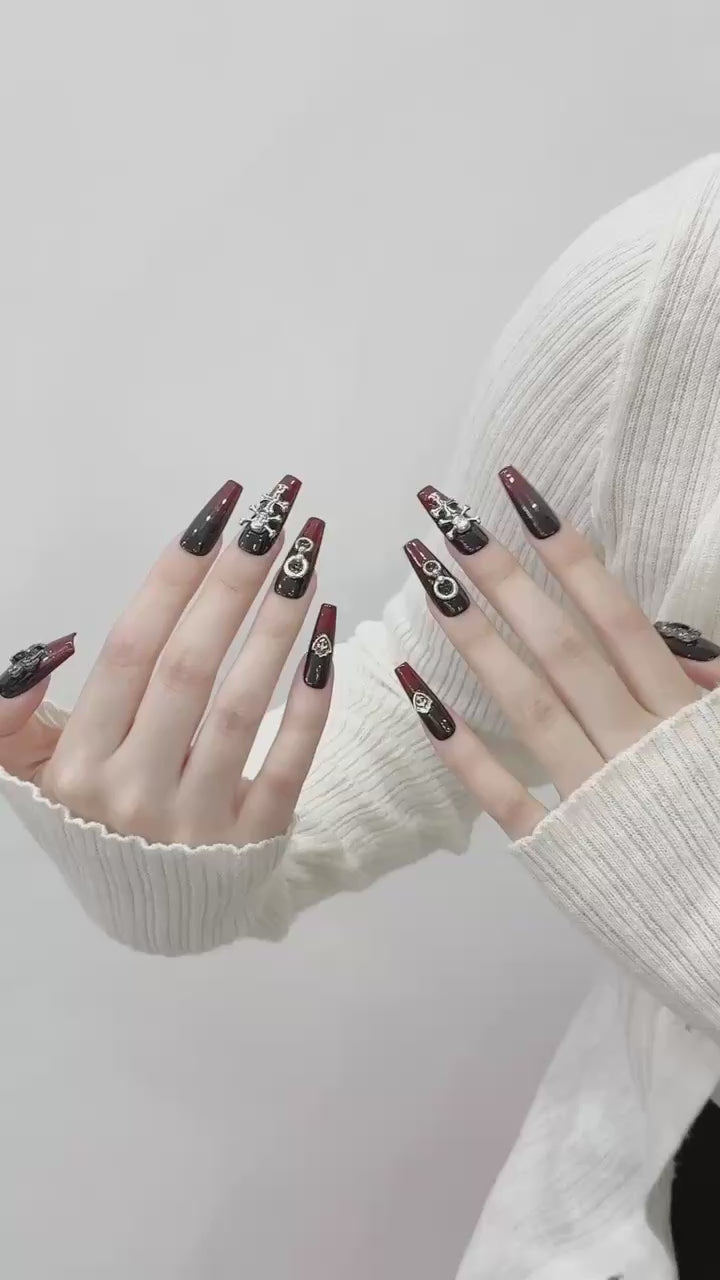Black and Burgundy Gothic Style Halloween Wearable Nails