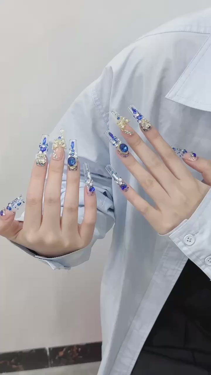 Blue and Nude Color Elegant and Glamorous Party Wearable Nail Art Tips
