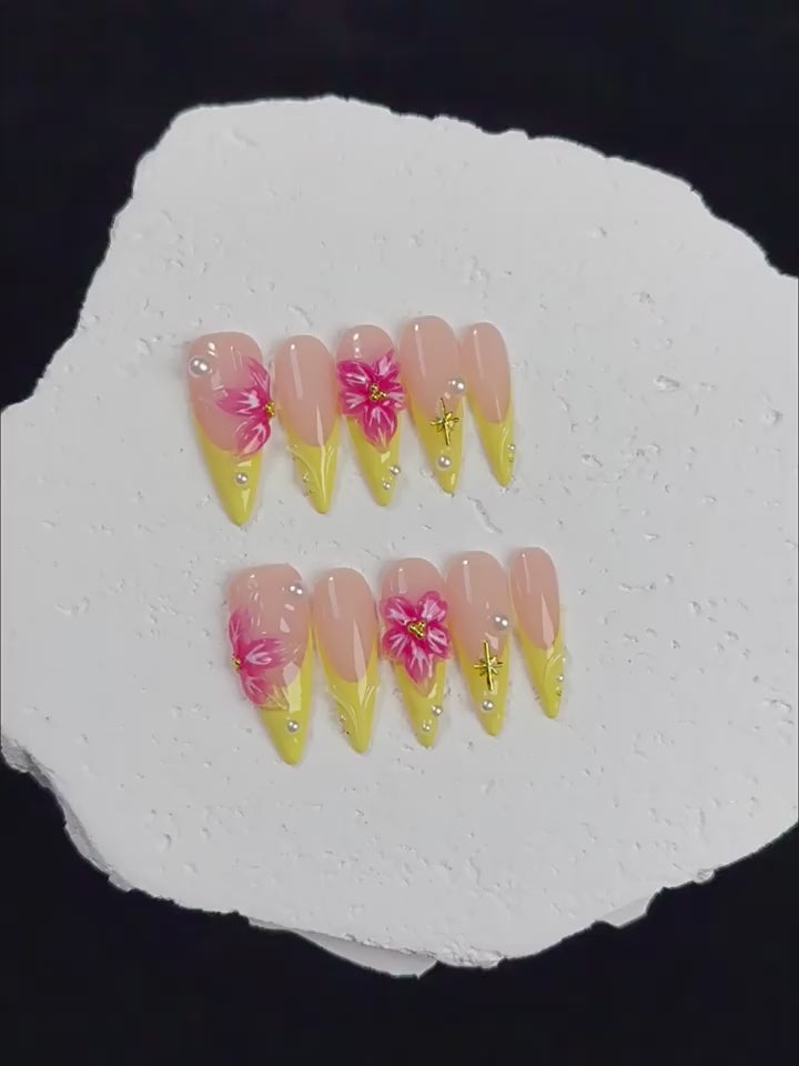 Sweet style daily wear false nails in yellow and pink colors