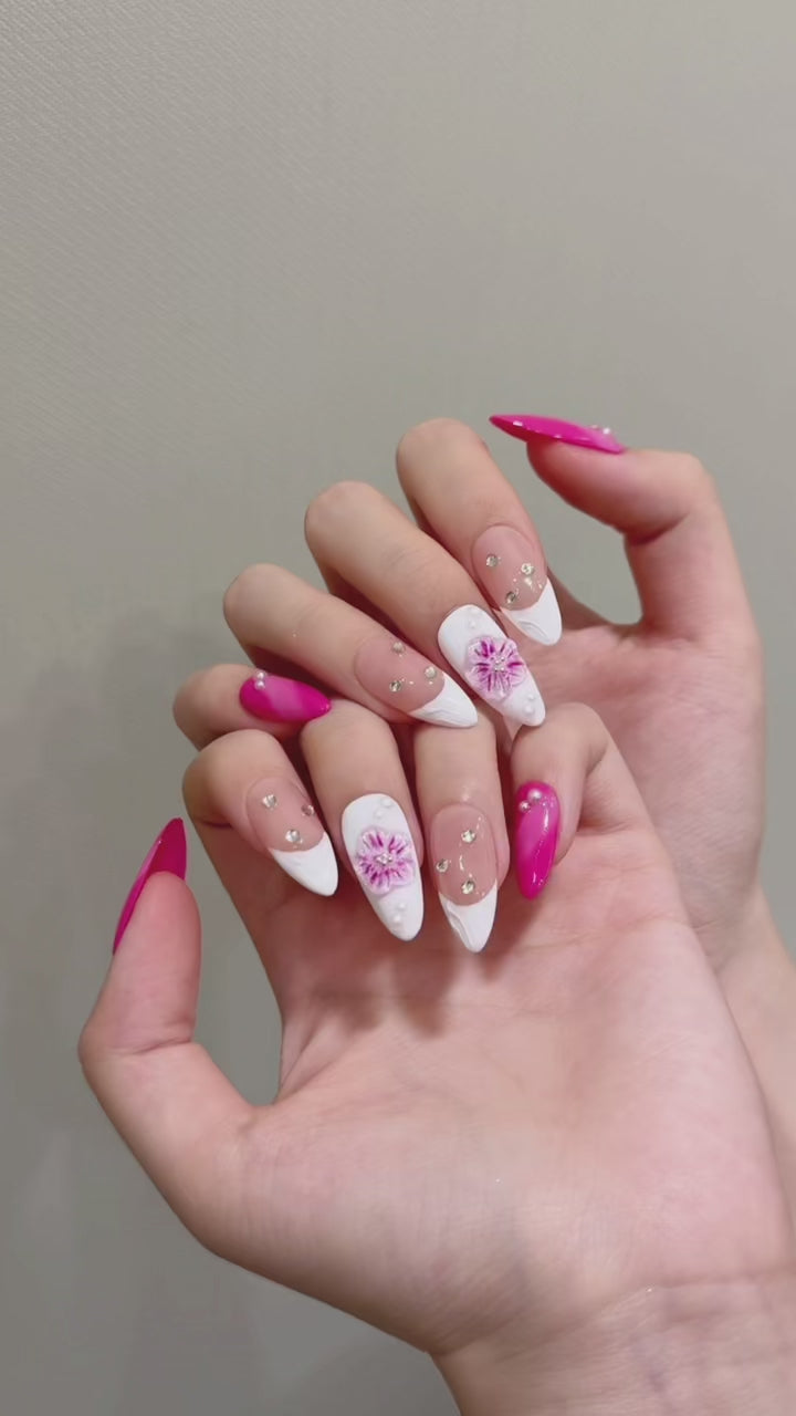 Pink-White-Nude Color French Elegant Floral Wearable Nails for Daily and Party