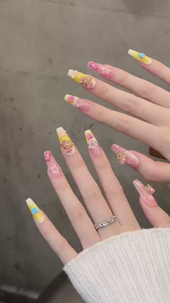 Pastel Sweet Style Daily Wear 3D Hello Kitty Press - On Nails