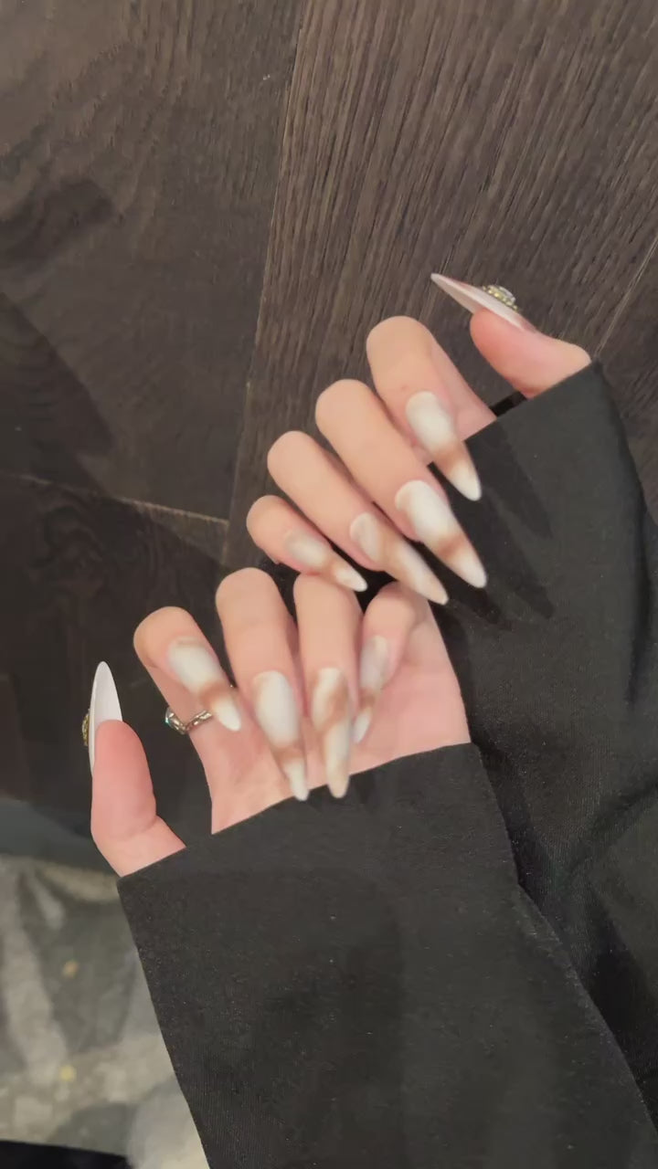 Brown and white retro style party wear fake nails