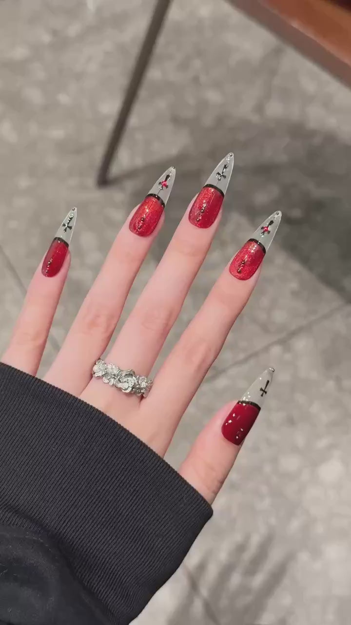 Deep Red Gothic Style Party Wearable Nail Art Tips