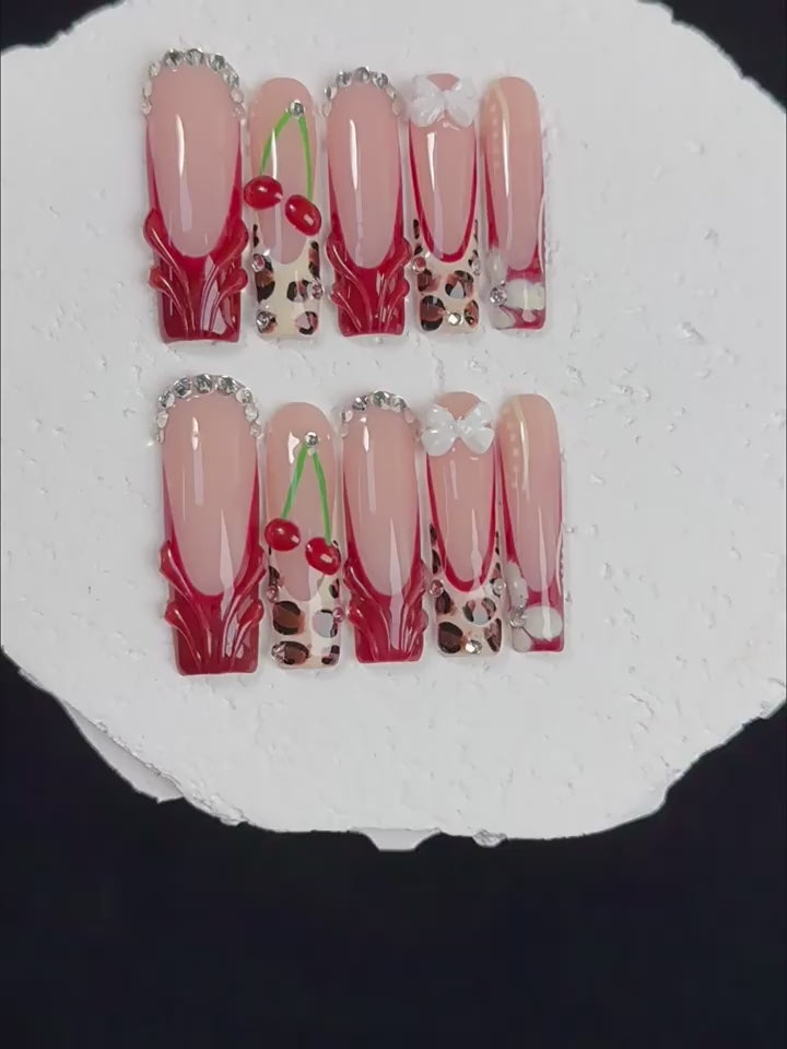Pink, red, sweet leopard print pattern, daily wear style, nail Acrylic nails