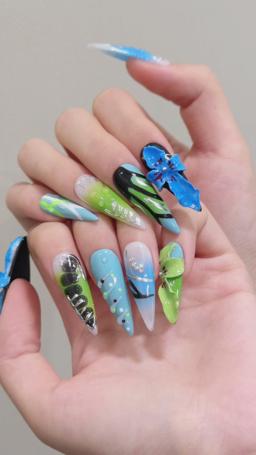 Blue Green Color Floral Style Spring Use Scene Wearable Nail Art