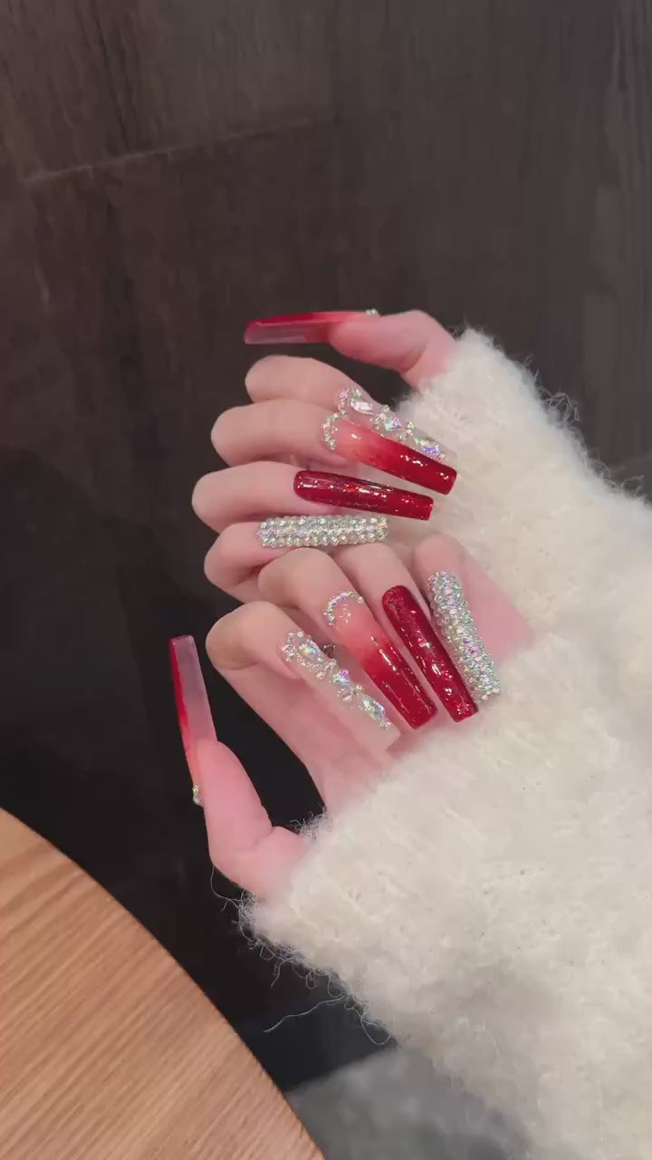 Red - Gradient  Sparkle Glamorous Party/Evening Luxury Press - On Nails