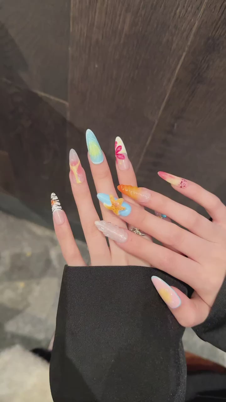 Pastel Color Whimsical Style, Beach-themed Wearable Nail Art