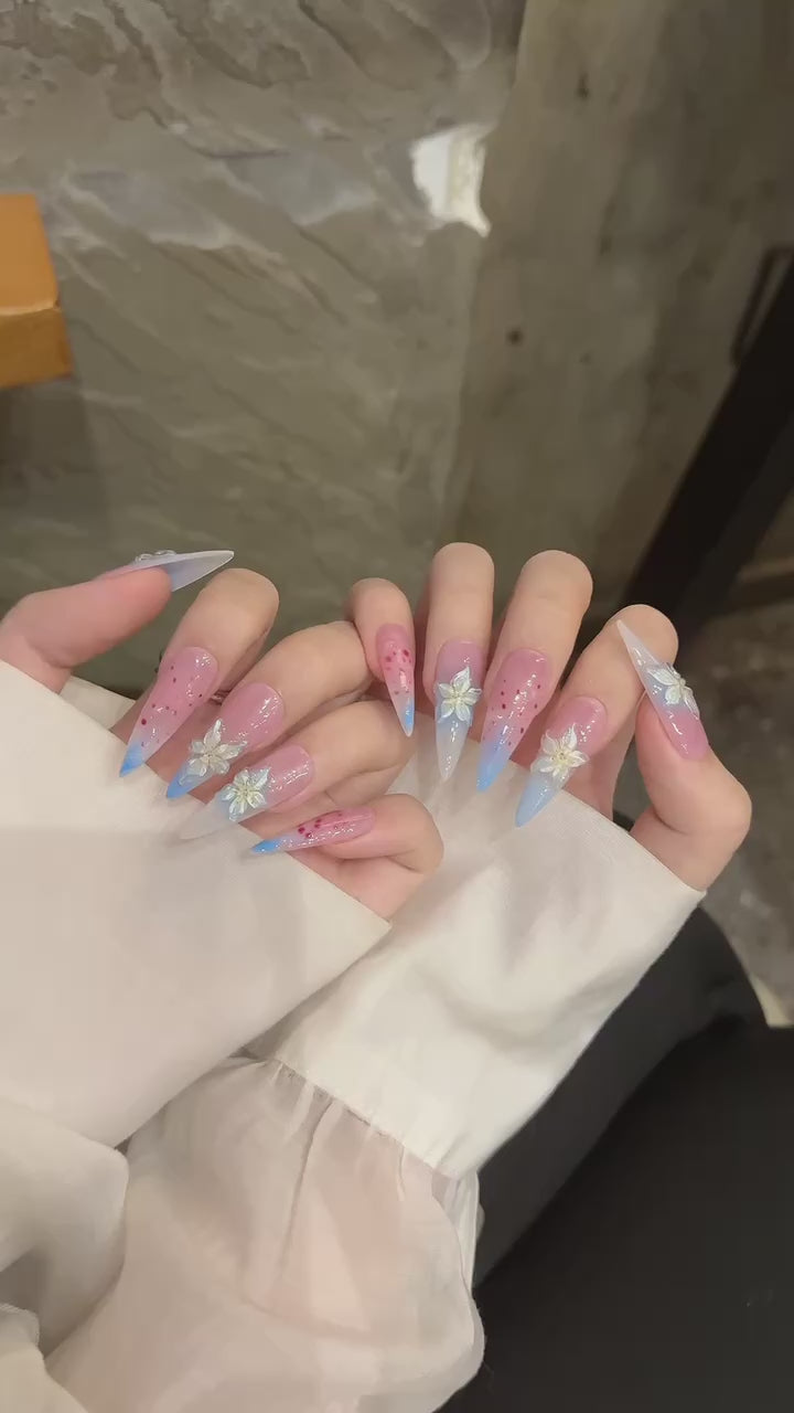 Pink and Blue Gradient Floral Style Daily Wear False Nails