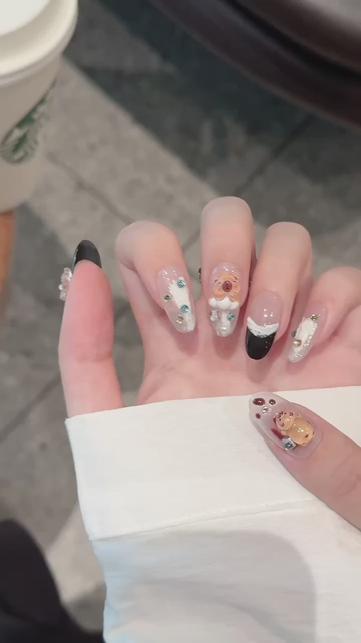 Black and Beige Color Kawaii Style Party Wearable Nail Art