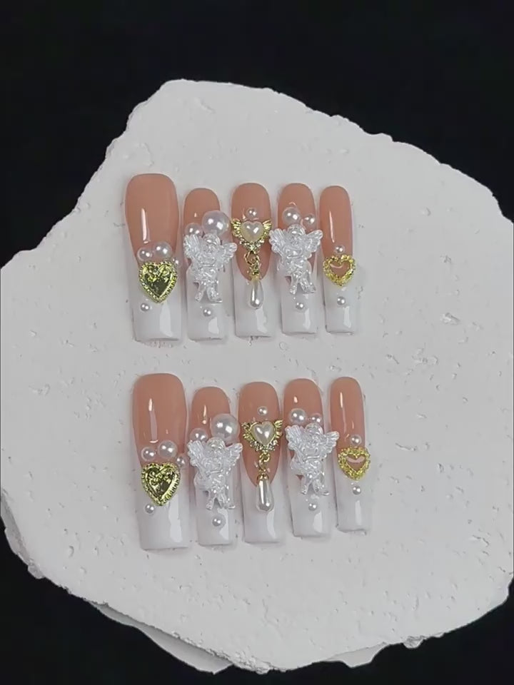 Nude and White Sweet and Romantic Wedding Wearable Nail Art