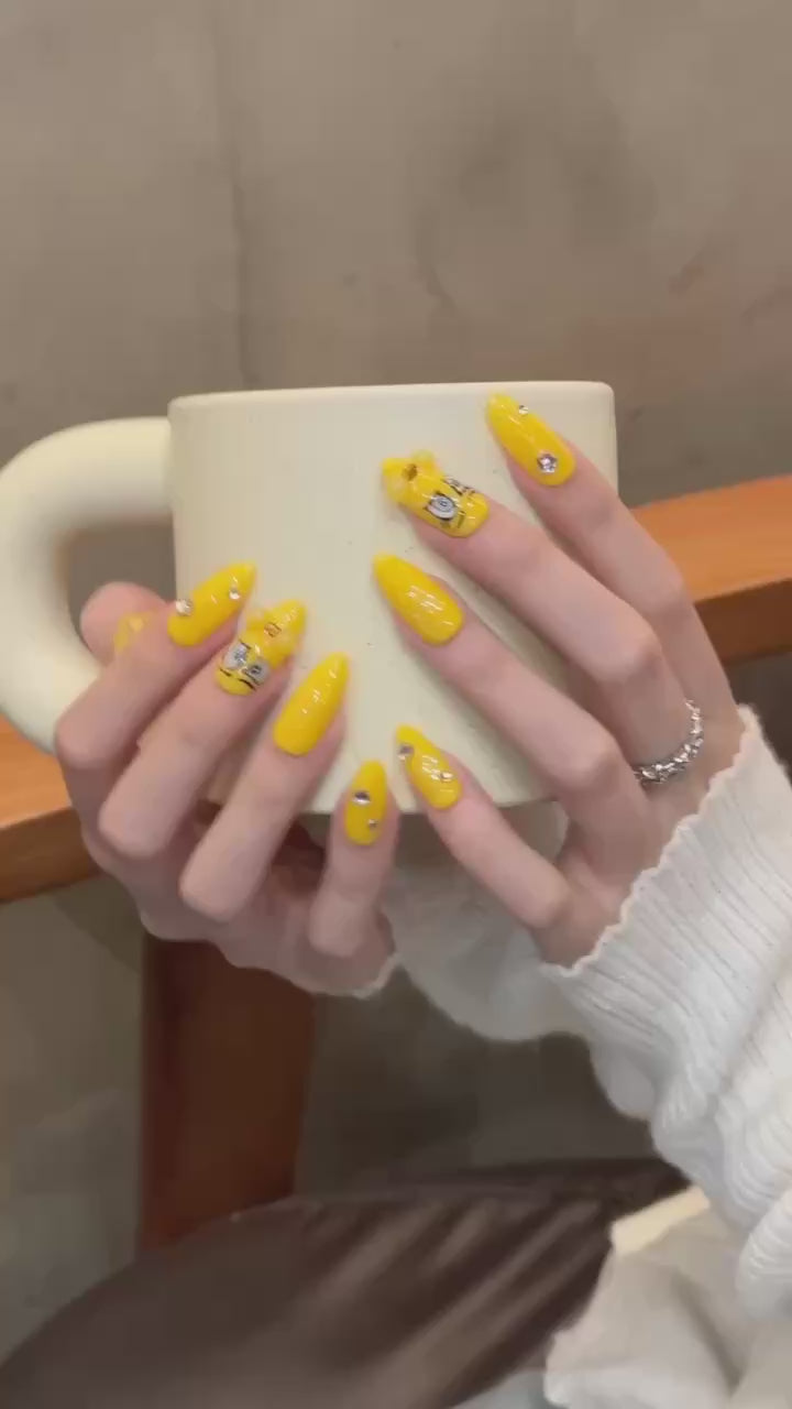 Bright Yellow Cartoon Style Casual Wearable Nail Art